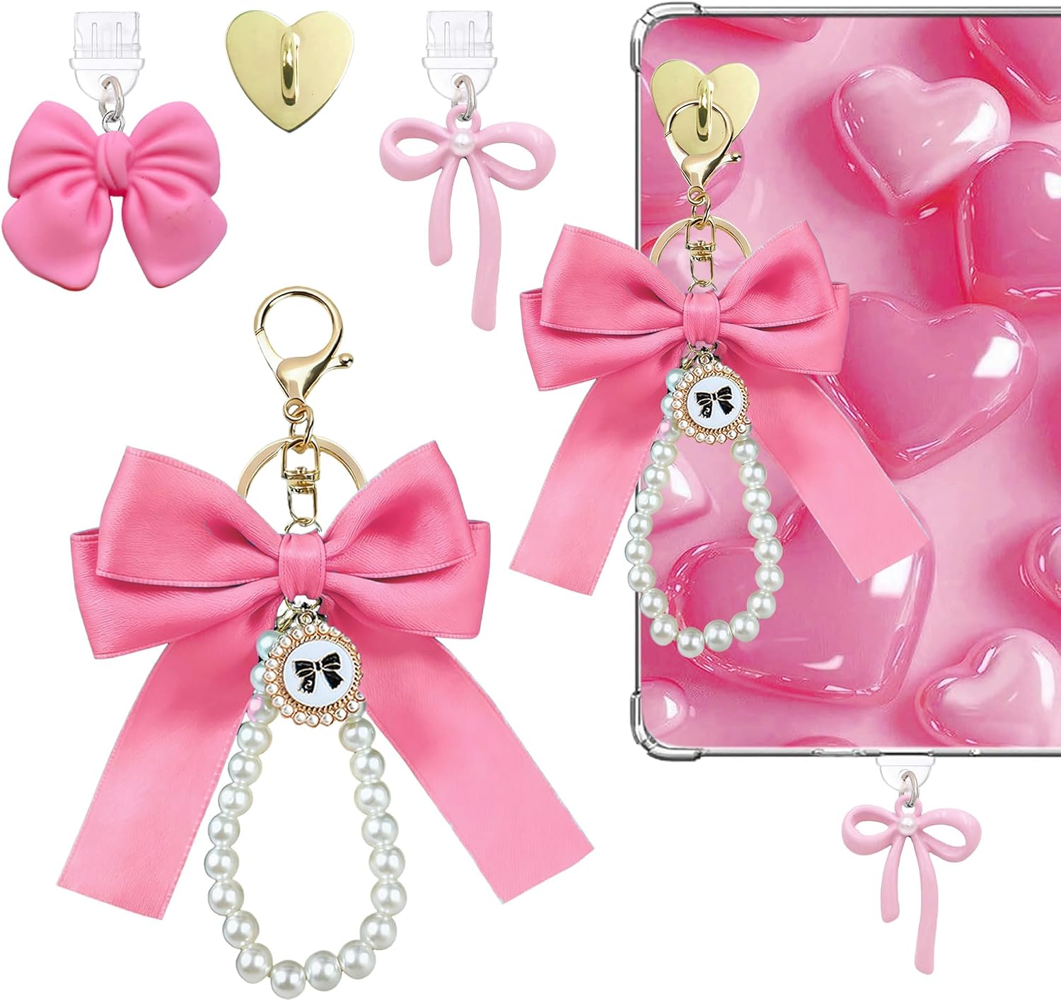 Bow Pearl Charm Set for Kindle, Type-C Dust Plug & Keychain