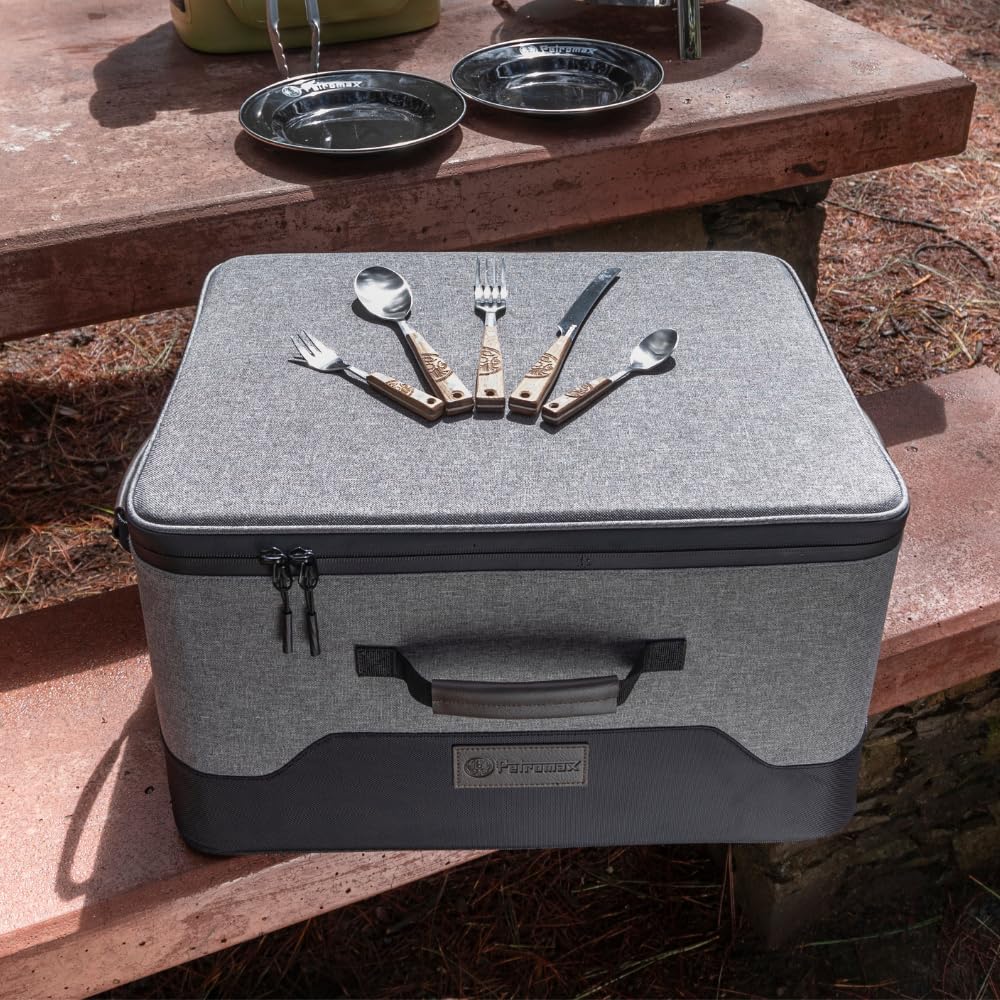 Petromax Abenteuer-Picknick-Box – Outdoor-Kochset für 2 Personen: kompakt und vielseitig – ideal für Camping, Wandern und Lagerfeuer – 12teiliges PremiumSet mit stapelbarer Transportbox