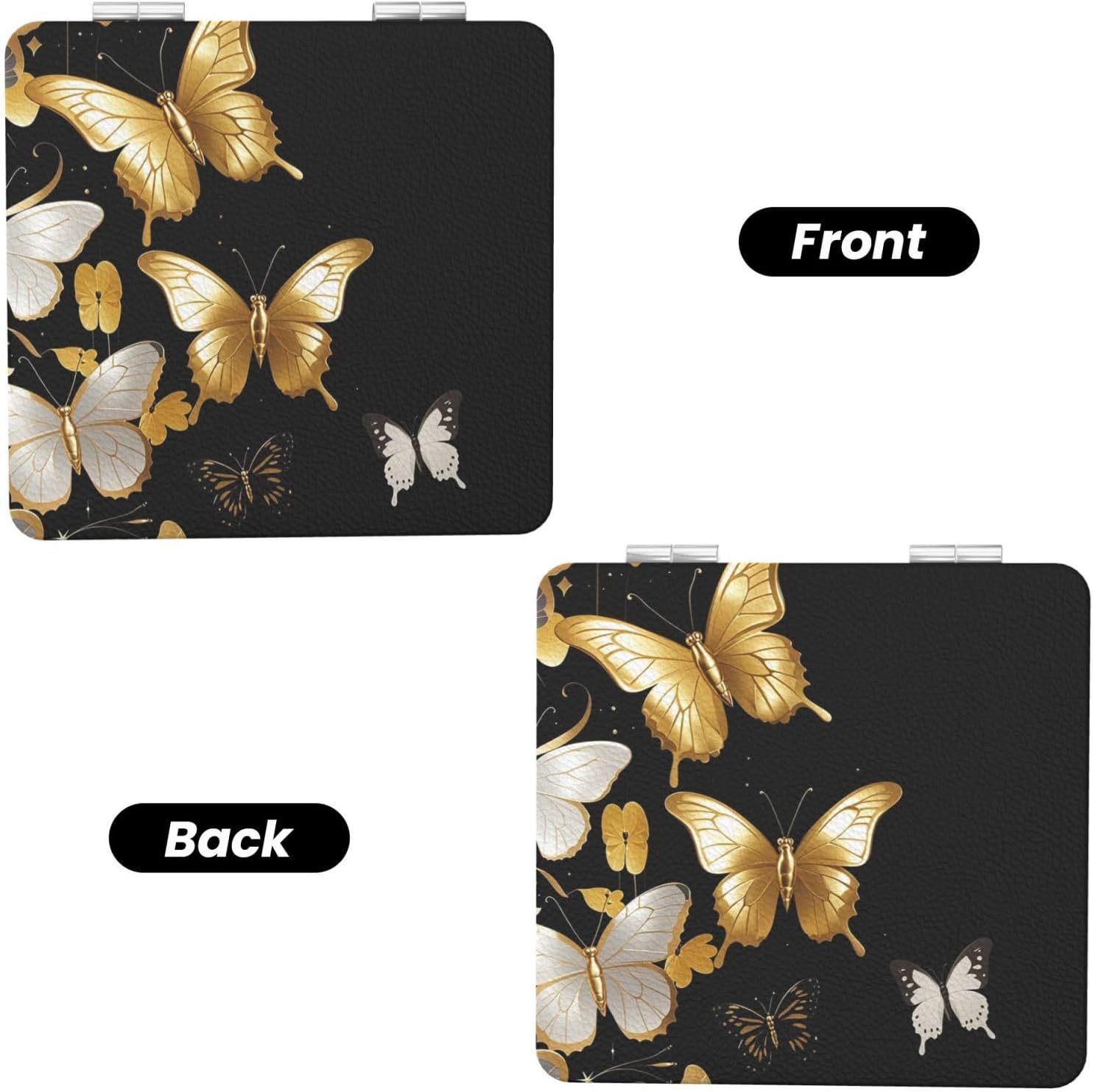 Gold White Butterflies Black Compact Mirror for Purse, 1x/2x Magnifying Double-Sided Cosmetic Mirror Portable Travel Mirror for Beauty, Foldable, Handheld Vanity Mirror for Women Gift image 2