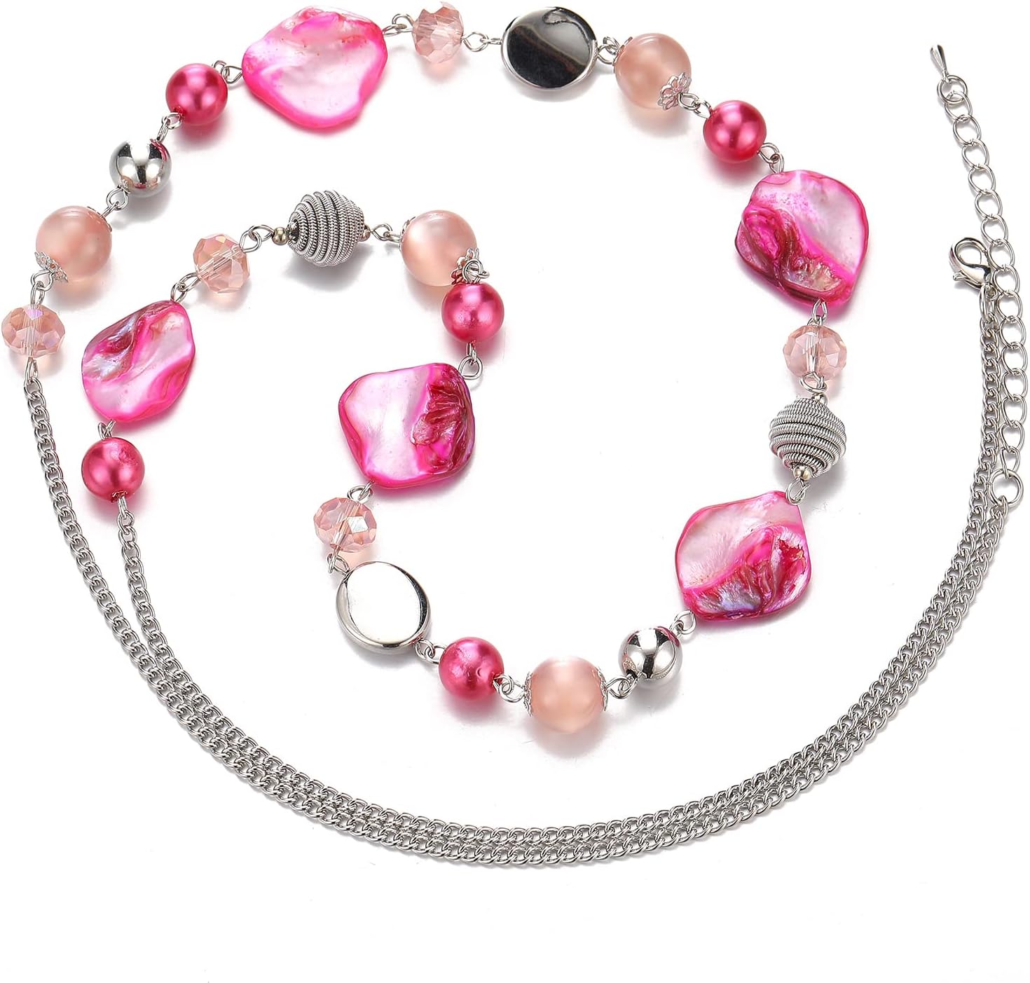 FULU AUTUMN Long Beaded Necklaces for Women Silver Link Chain Necklace with Shell Crystal Beads, Party Gifts for Her - Image 2