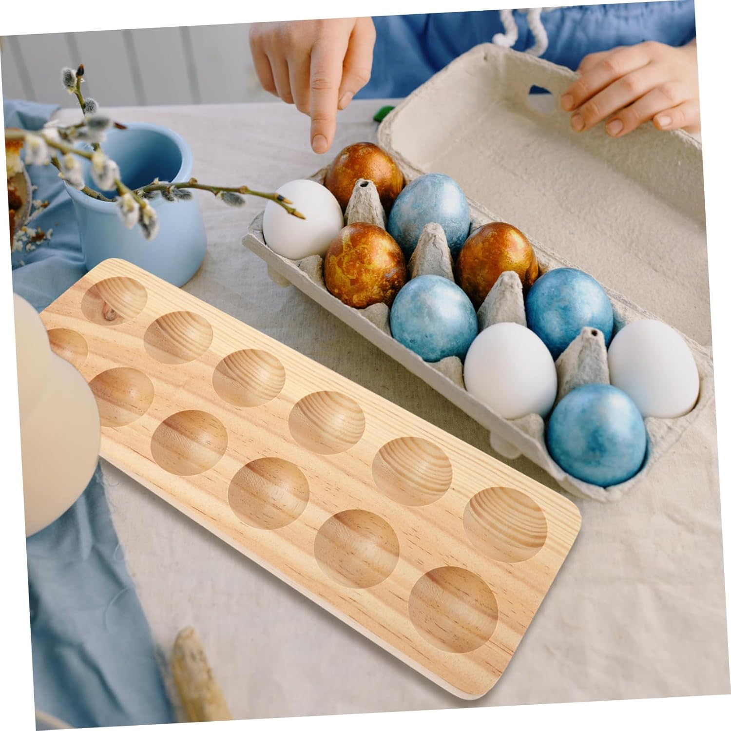 12-Cavity Wooden Egg Holder Rack Rustic Style Egg Storage Tray for Kitchen Countertop Stackable Design for Refrigerator Organization and Display