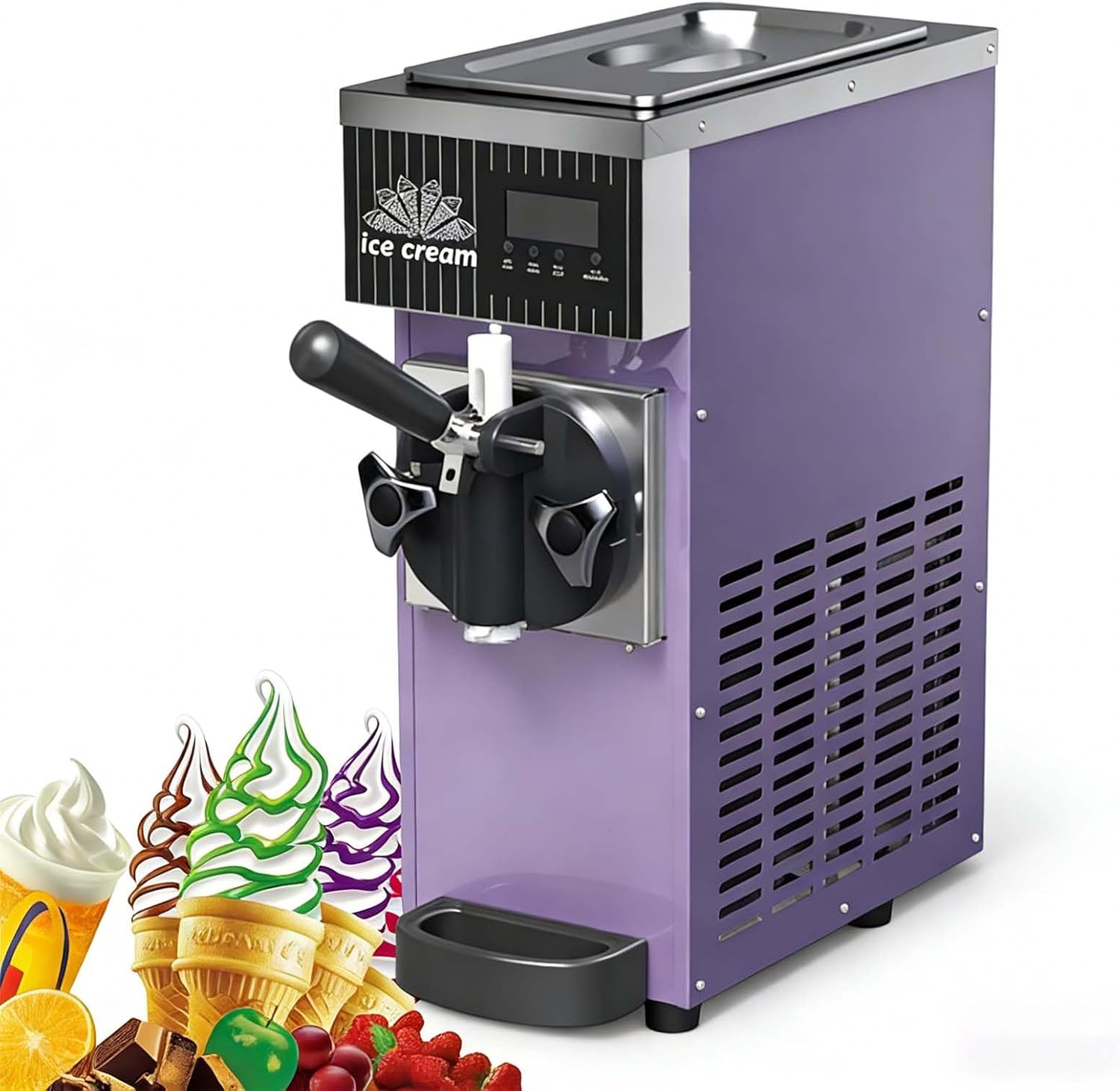Soft Serve Maker, Single Flavor Commercial Ice Cream Machine, 4-5 Kg/H Yield Countertop Freezer with 1L Cylinder, Auto-Cleaning Function, LED Display & Durable Build for Coffee Bars(Gray)