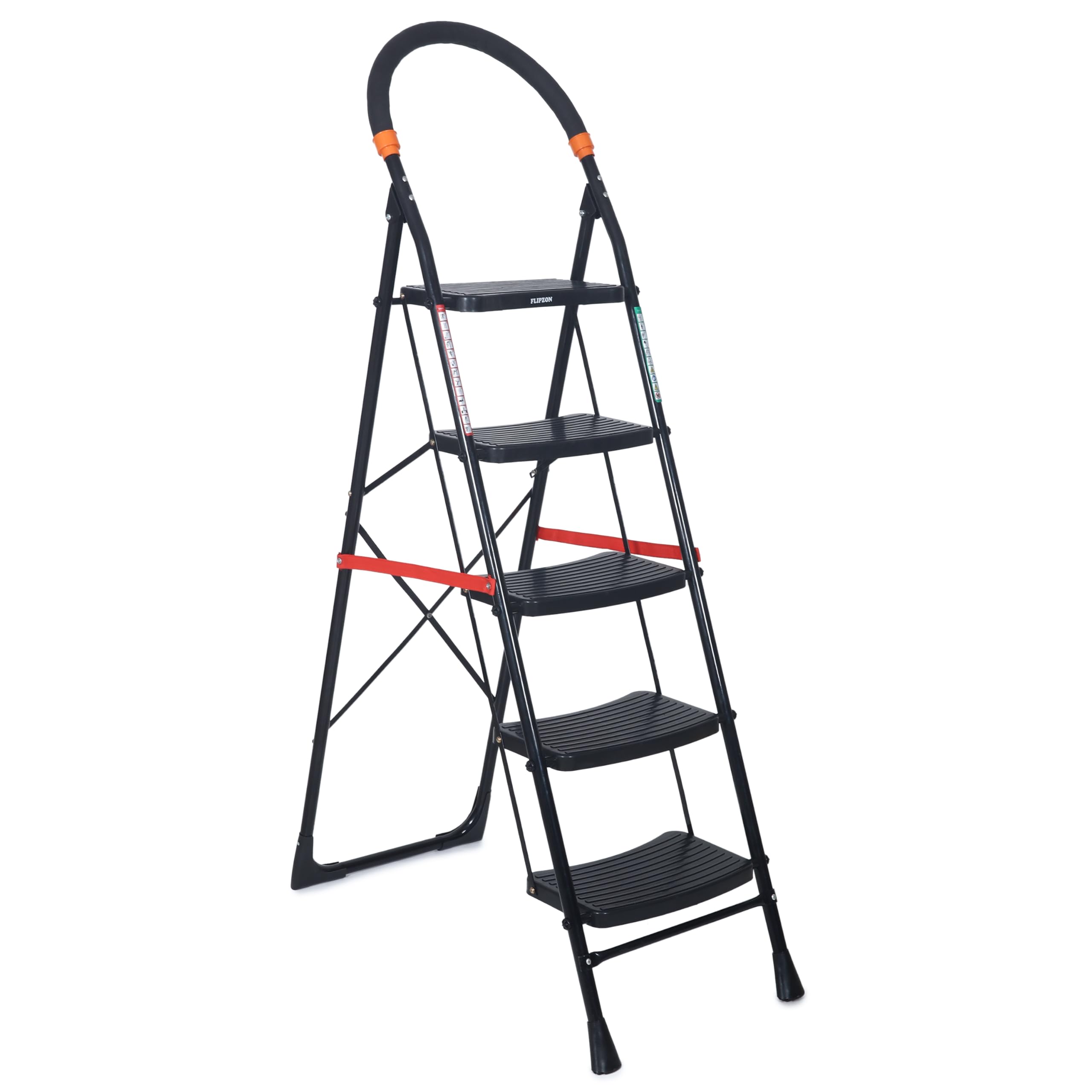 FLIPZON Black Premium Heavy Folding 5 Steps Ladder 5.2 Ft with Wide St