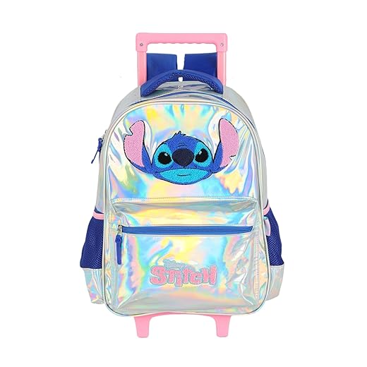 Mochila De Rodinha E Alca Stitch Holografica Prata Luxcel