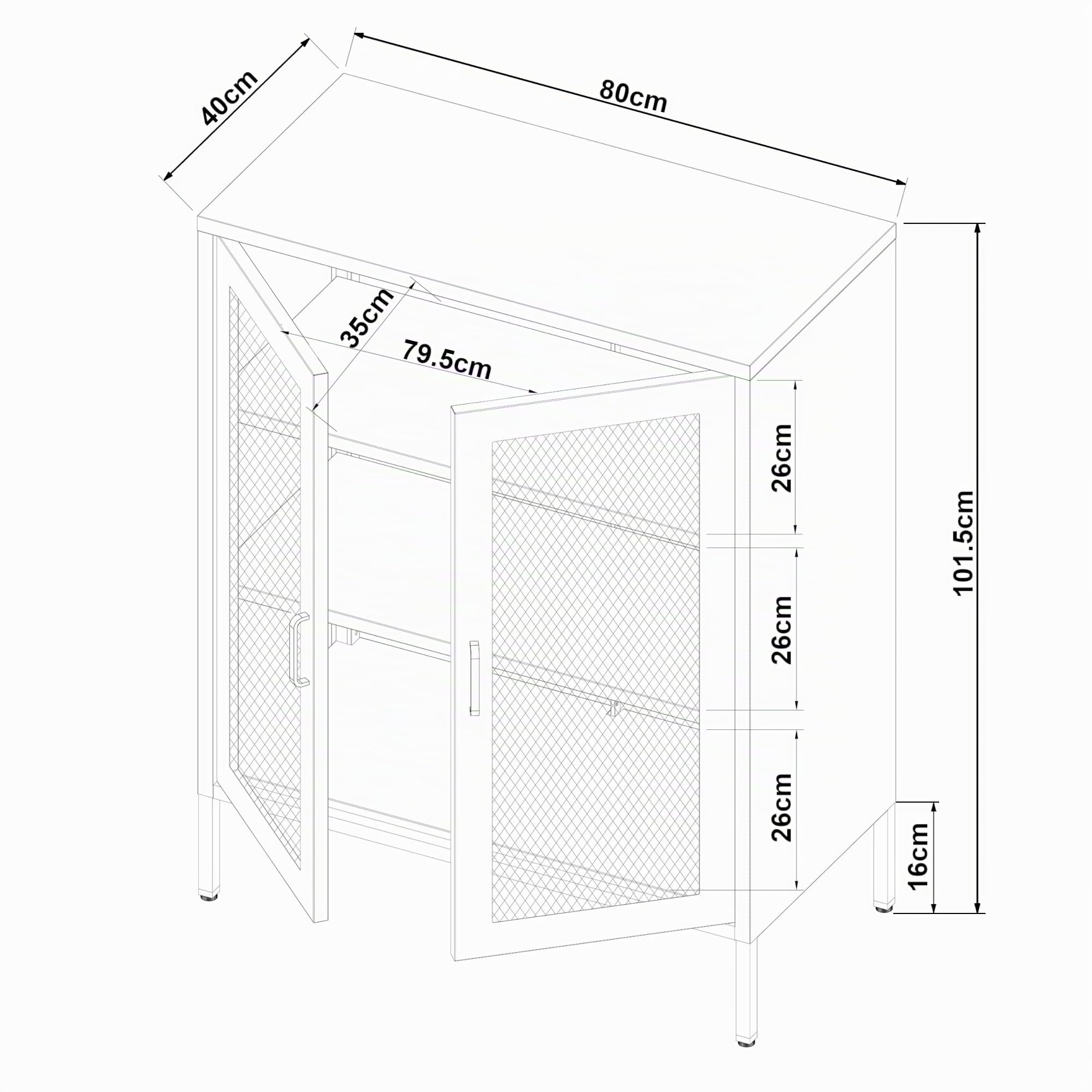 [en.casa] Aparador Mueble de Salón con 2 Estantes Mueble Auxiliar para Oficina Comedor Cocina con 2 Puertas de Celosía Decorativas y Acero 102 x 80 x 40 cm - Negro