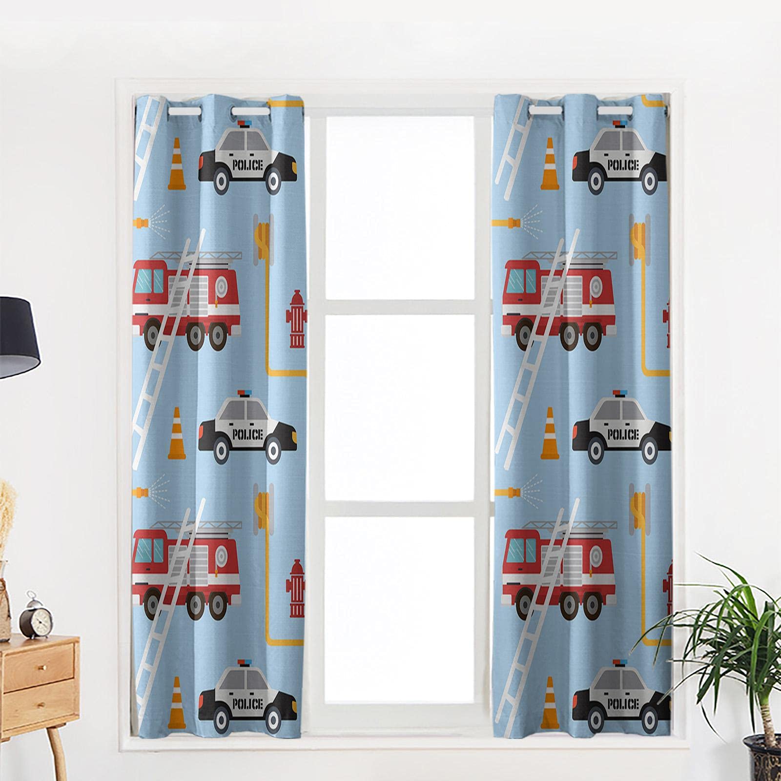 Rideaux Occultants À Oeillets 2 Panneaux Bleu Dessin Animé Camion De Pompier Voiture 140X100Cm Rideaux Insonorisés Rideaux Ltants À Anneau Supérieur Pour Chambre À Coucher Chambre D'Enfant Assom