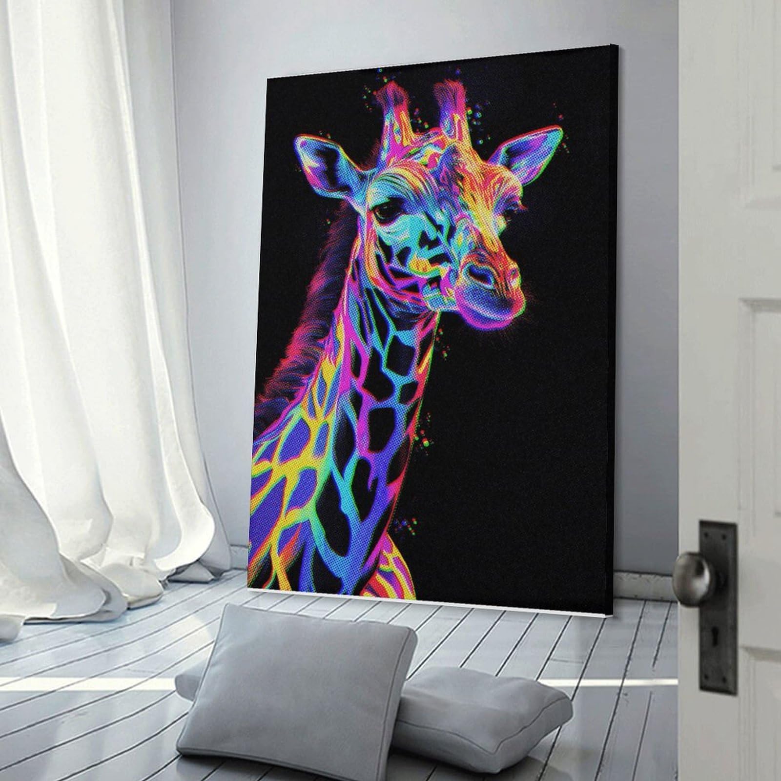 Junmoney Frame-Style-9 Neon Giraffe Wall Art Print Canvas Wall Decor, 12X18inch(30X45cm), For Wall Displays, Bedrooms Or Room Updates, Wall Decor Suited To Curated Displays