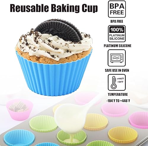 Miniatura 4 de Paquete de 12 forros redondos reutilizables para cupcakes, tazas de silicona para hornear, multicolor, fáciles de limpiar, resistentes al calor,