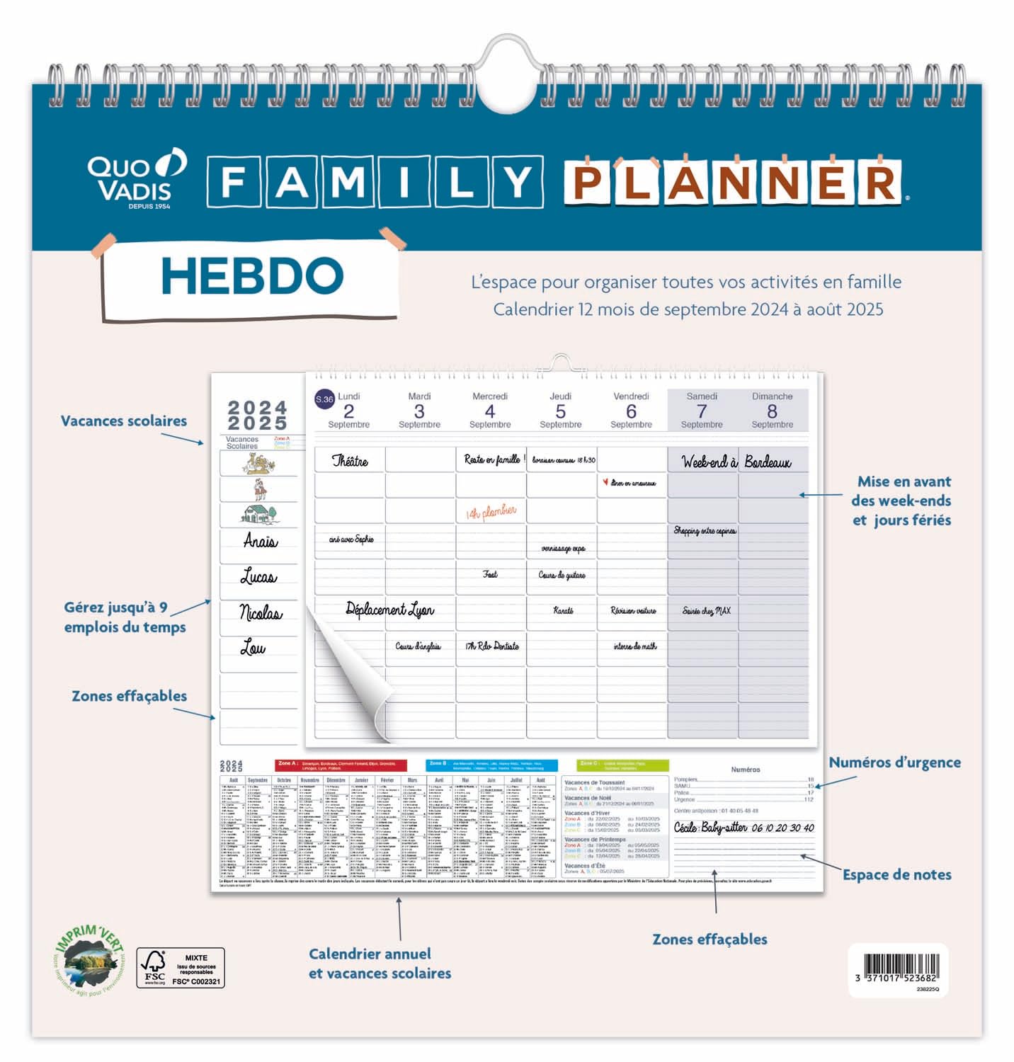Calendrier familial Quo Vadis 2024-2025 30x30 cm Clairefontaine papier blanc fabrication française