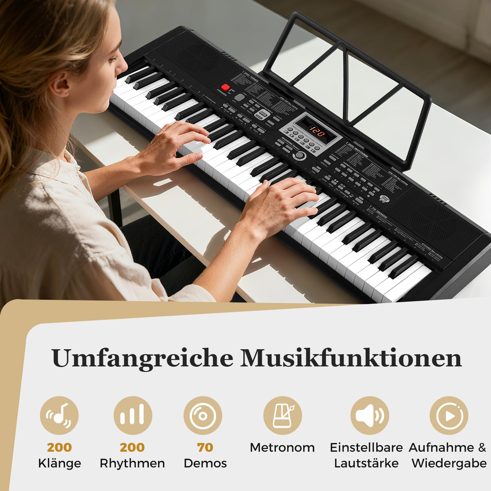 GOPLUS Klawiatura elektroniczna 61 przycisków, pianino elektryczne z 200 dźwiękami, 200 rytmami i wyświetlaczem LED, pianino cyfrowe z głośnikiem, mikrofonem, stojakiem na nuty i słuchawkami