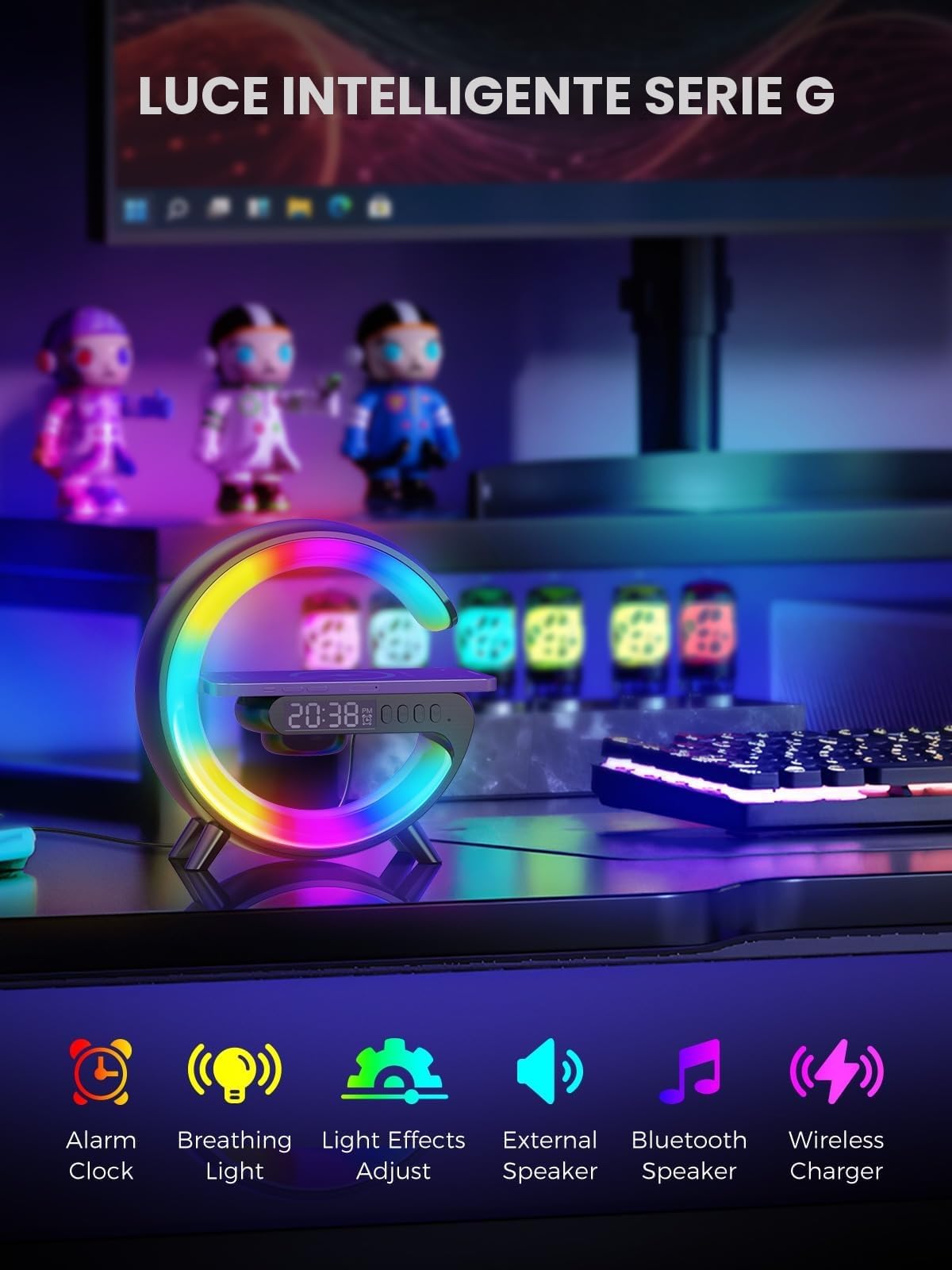 Smiling Shark Intelligente LED Sveglia Luce, Lampada Sveglia Atmosfera con Altoparlante Bluetooth e Ricarica Senza Fili Controllo Bottone 10 Modalità D'illuminazione Wake Up Light per Casa Decorazione