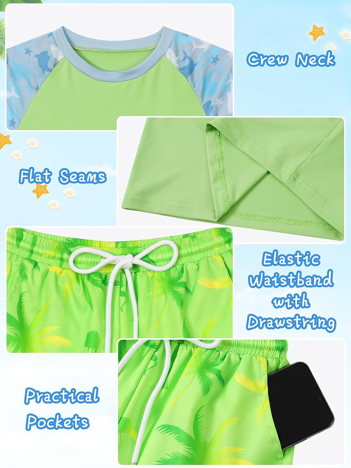 WISREMT Boys Swimsuit Rash Guard Kids 2 Piece Bathing Suit UPF 50+ Short Sleeve Swim Shirt & Trunks with Compression Liner