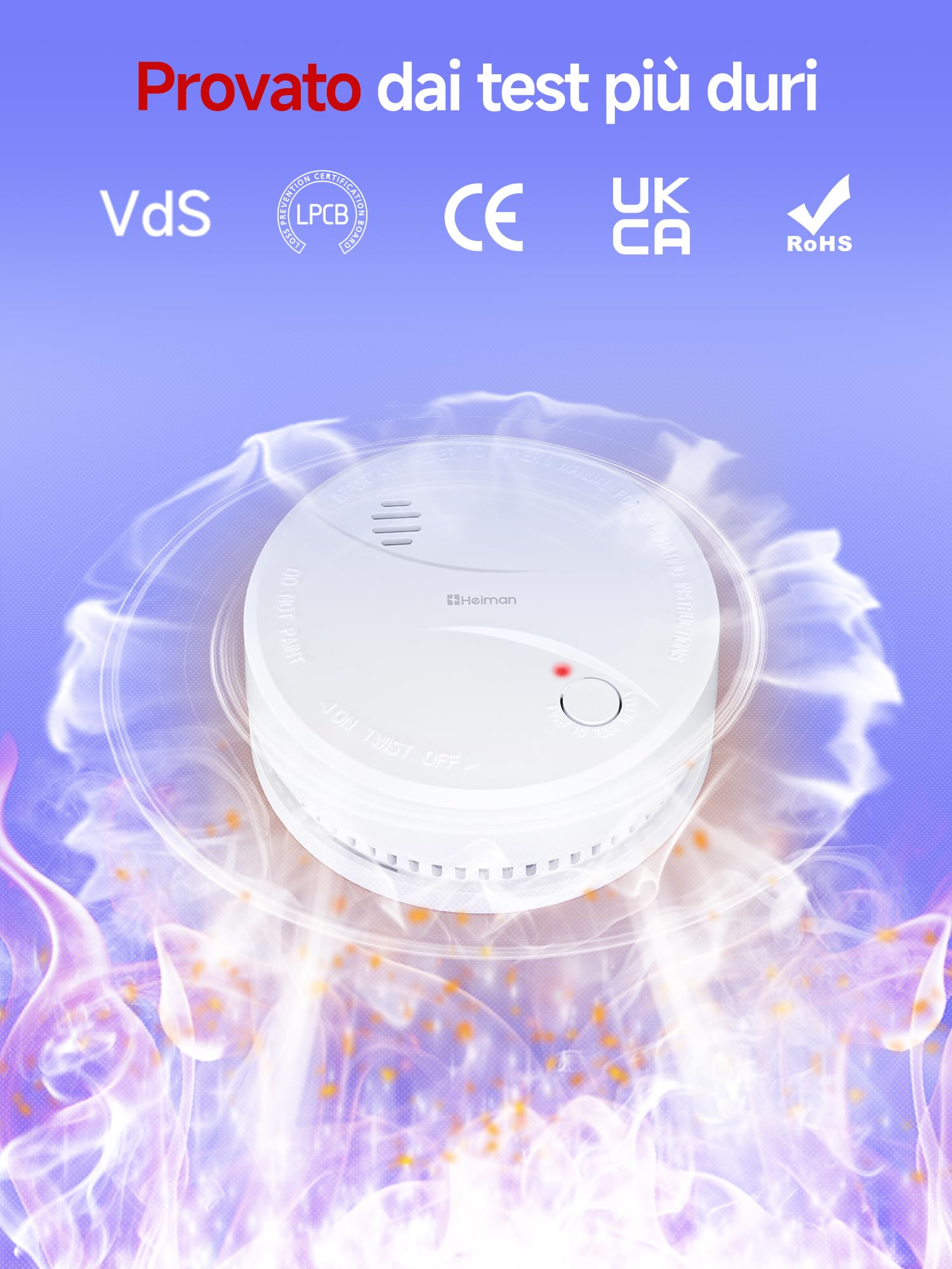 HEIMAN Rilevatore di fumo con 10 anni batteria, VdS, BOSEC, EN14604, allarme antincendio certificato CE, sensore fotoelettrico con allarme fumo di controllo automatico (3 Pezzi)