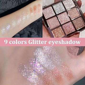 Sparkling Glitter Eyeshadow Palette - 9 Shades of Highly Pigmented Eye Shadow in Gold, White, and Pink. Ideal for Women's Makeup Looks