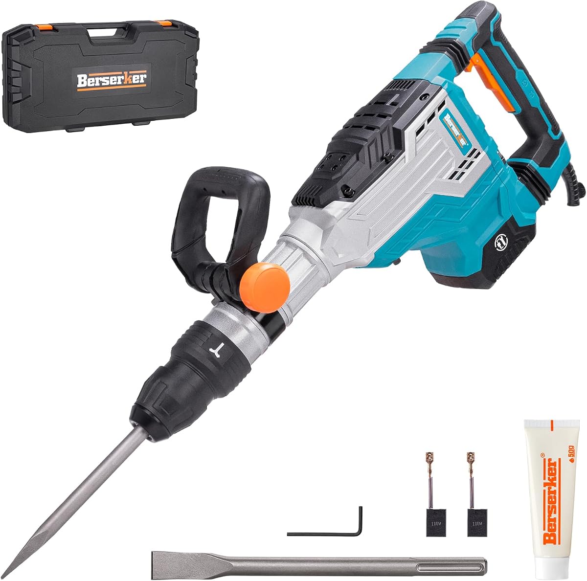 Berserker 1700W 25-Pound SDS-Max Demolition Jack Hammer 65H,14-Amp Corded | Inline Medium/Heavy duty Electric Concrete/Pavement Breaker with Variable Speed,Vibration Control,Carrying Case & 2 Chisels