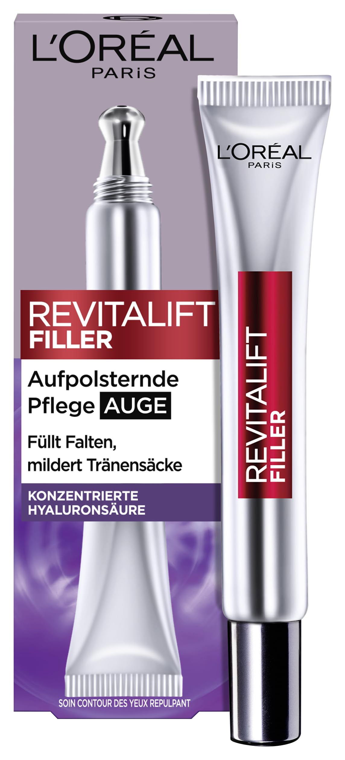 L'Oréal Paris Augenpflege für Frauen: polstert die Augenkontur auf und mildert Tränentäler mit der höchsten Konzentration an Hyaluronsäure in der Pflege von L'Oréal Paris, Revitalift Filler, 1x 15ml
