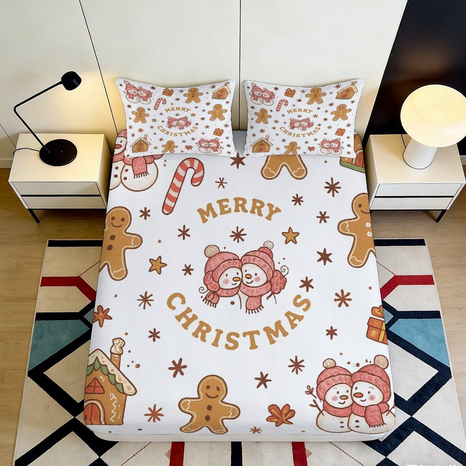 3D Printed Christmas Snowman Fitted Sheet Microfiber Soft Gingerbread Candy Mattress Cover for Bedroom Guest Room Decor 120x200x25cm