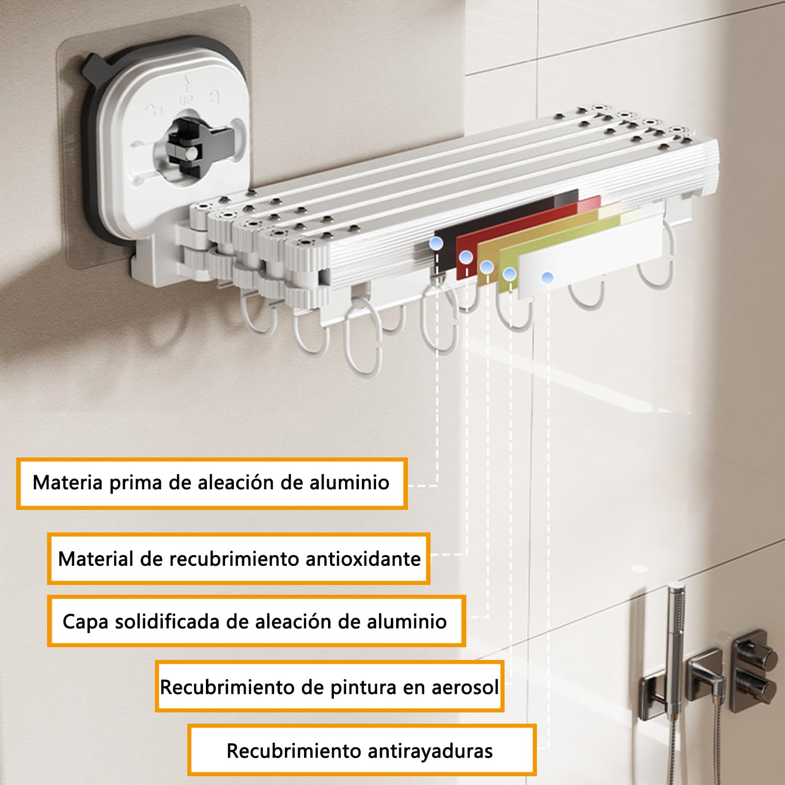 Barra de Cortina de Ducha Plegable con Cortina de Ducha, Barras de Cortina de Esquina con anillos de Cortina, Barra de Cortina de Ducha Para baño y Bañera, sin Taladrar (Blanco, 5-fold)