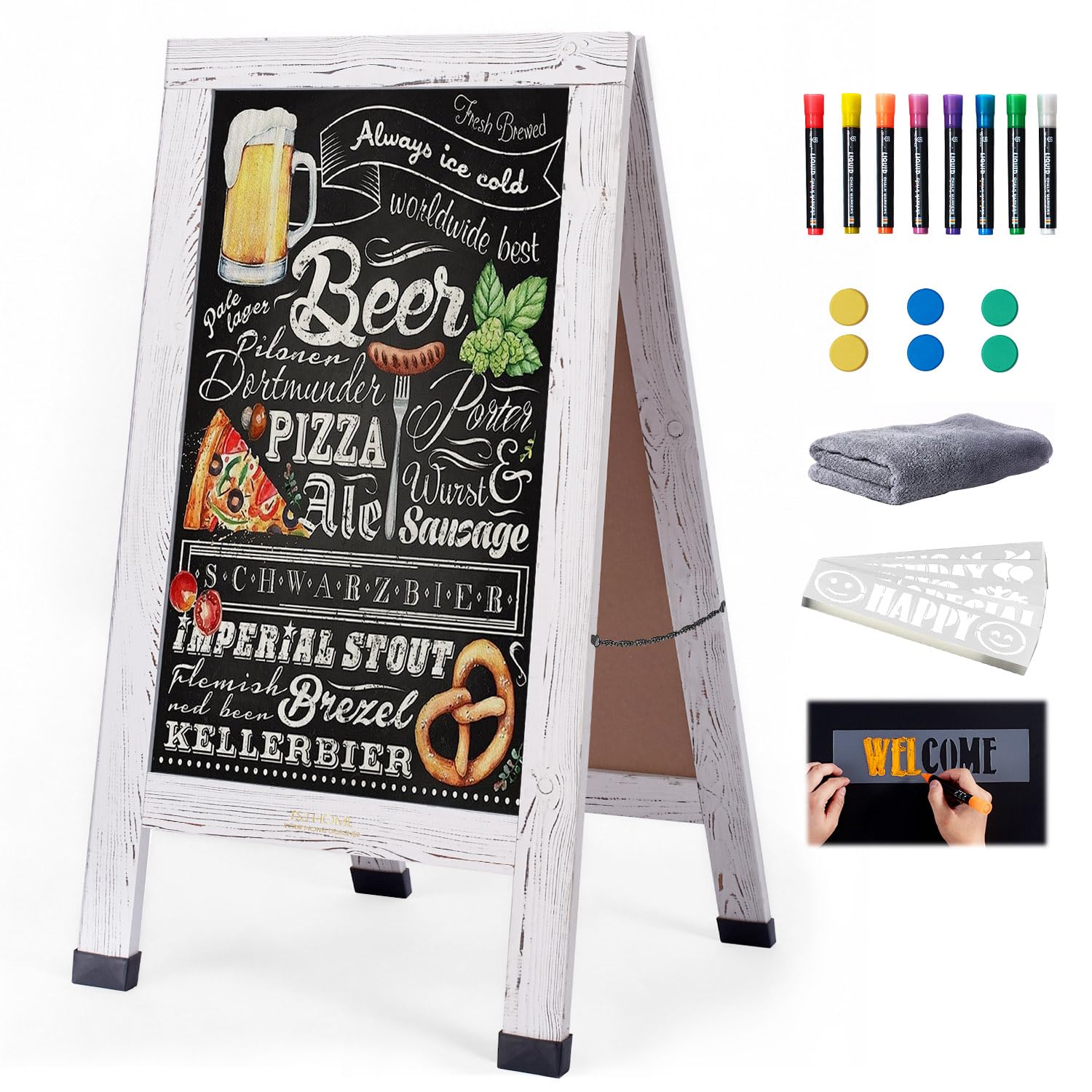Wood Magnetic A-Frame Chalkboard Signs, 40" x 20" Large Sandwich Board Signs Outdoor, Double-Sided Sidewalk Blackboard for Business, Wedding, Vendor Display, Coffee Shope - White