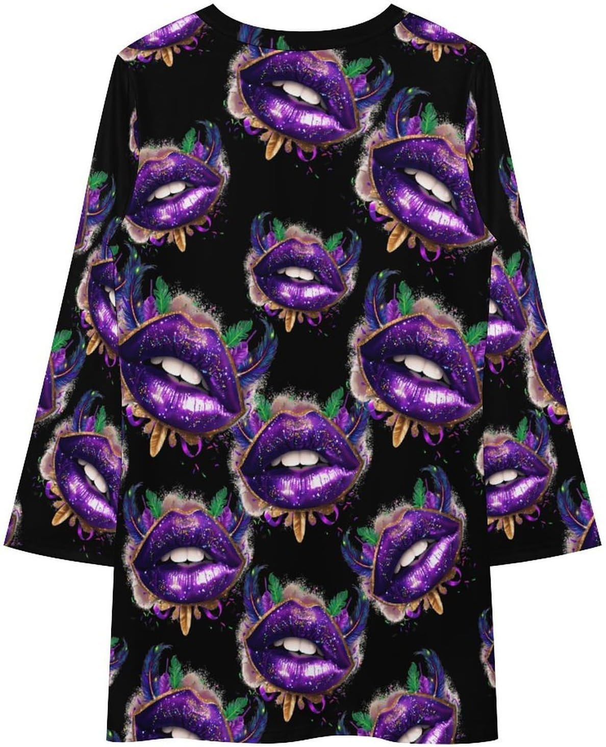 Mardi-Gras Glitter Lips Women's Fleece Sleeve Sweatshirt Dress Long Pullover Casual Dresses