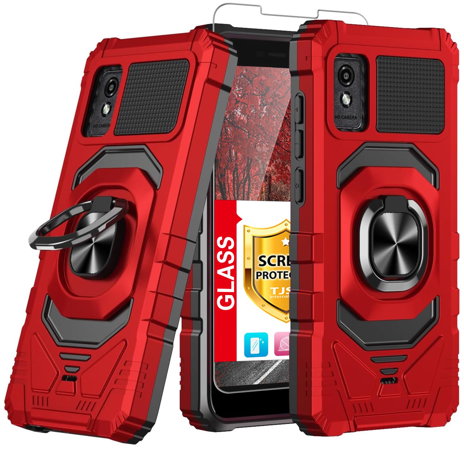 TJS Compatible for BLU Studio Mini 2023 Case, with Tempered Glass Screen Protector, Metal Ring Magnetic Support Kickstand Heavy Duty Drop Protection