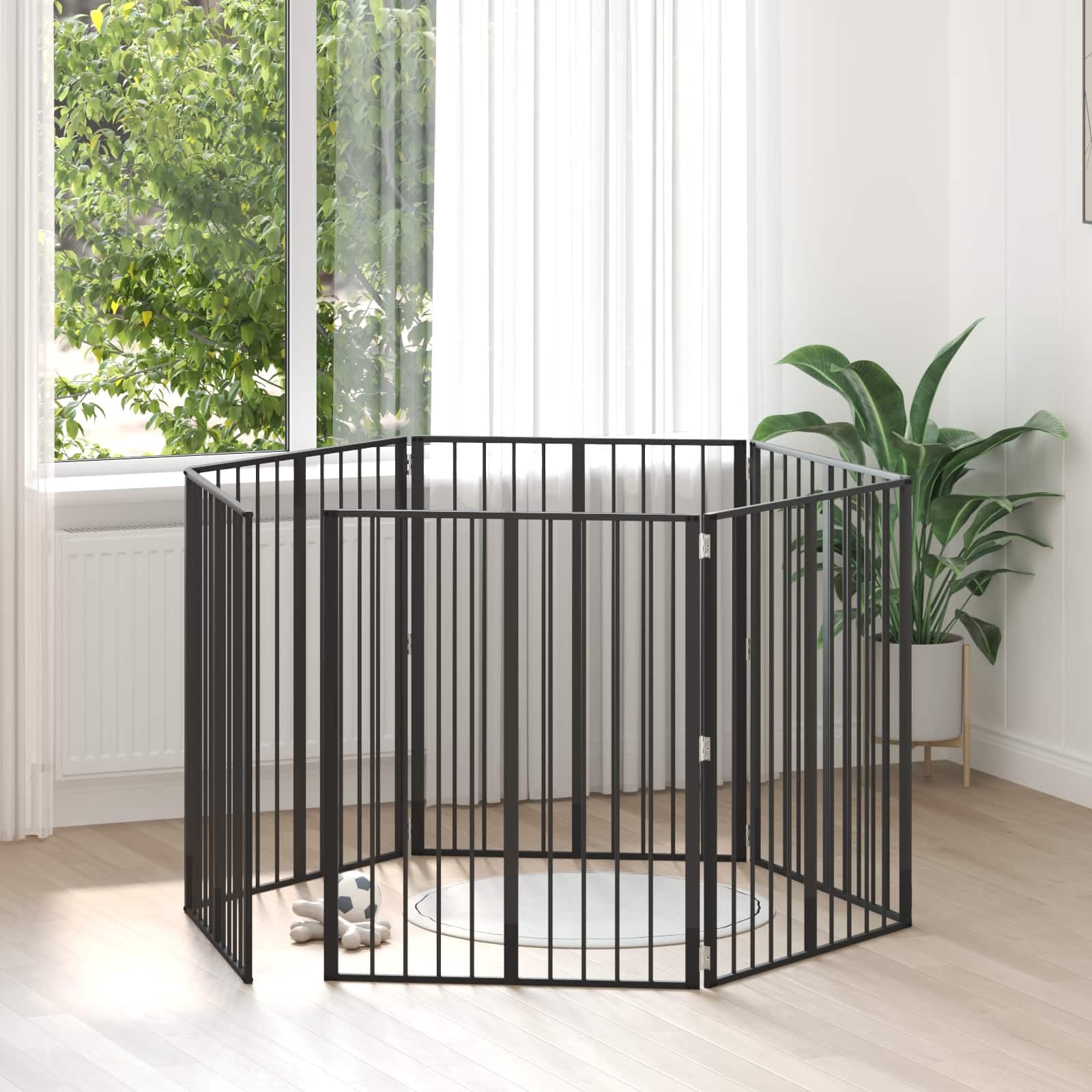 Puerta para perros de acero galvanizado, color negro, 6 unidades, 80 x 100 cm, plegable y plegable para cachorro y perro, con valla segura para protección y barrera en casa, jardín