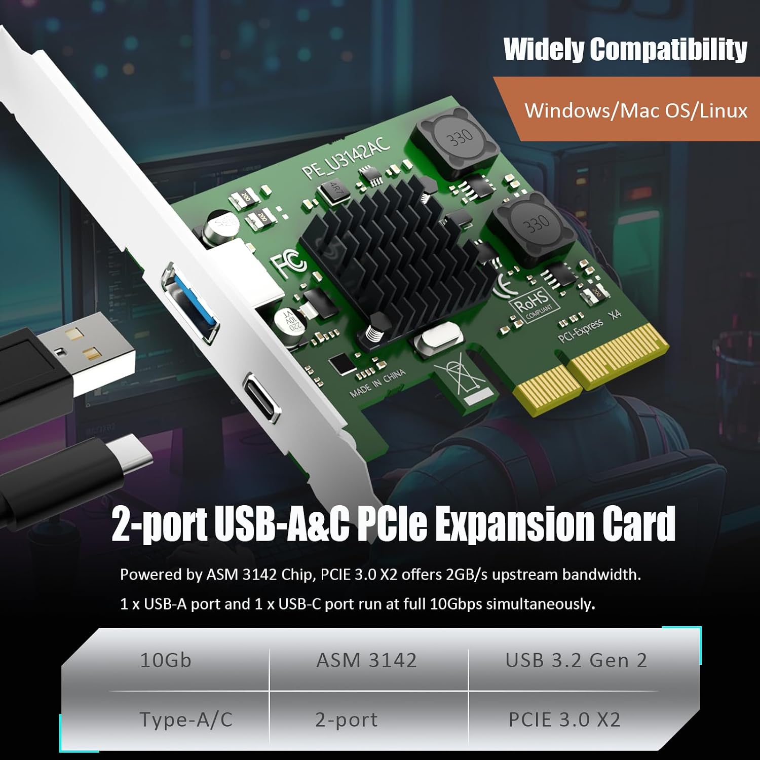 GLOTRENDS U3142AC 2-Port 10Gb PCIe USB Expansion Card, USB-C and USB-A Ports (USB 3.2 Gen 2), PCIE X4 Interface, Compatible with Windows/Linux/macOS