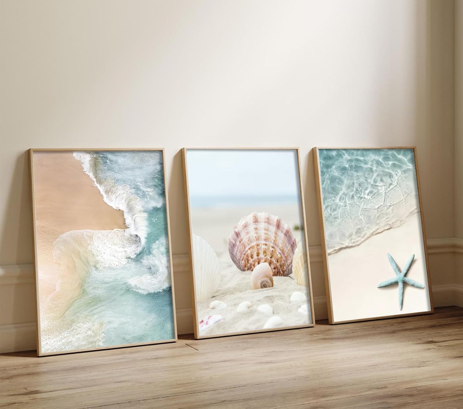 3pcs Beach Coast Posters Wall art Decor Summer Ocean Waves Shells Starfish Print Decorative Paintings Blue Ocean Wall Decor for Living Room, Bedroom, Kitchen, Sea View Room Wall Decor, 16x24Inch, Unframed