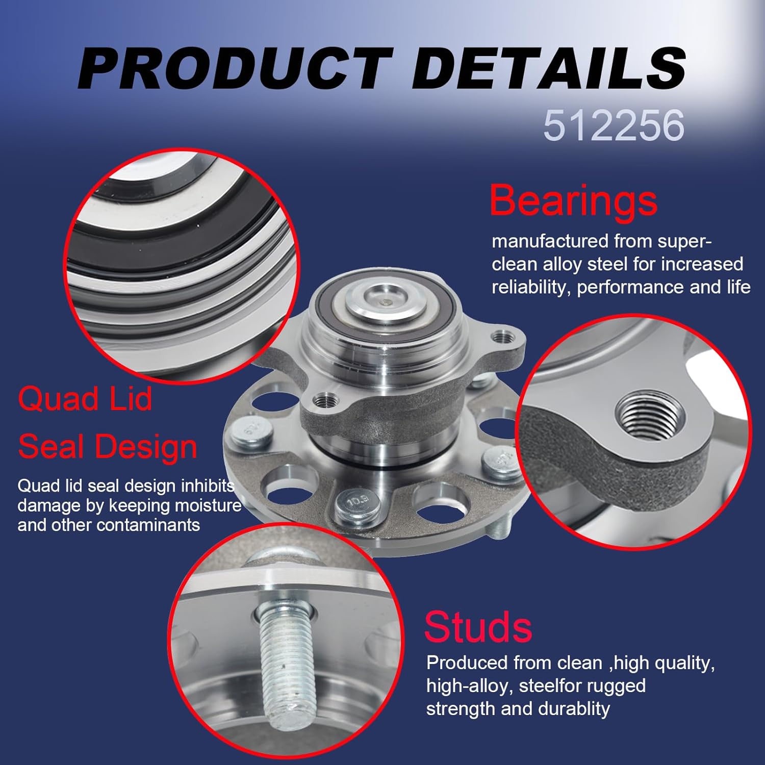 512256 Rear Wheel Bearing and Hub Assembly Compatible with 2006-2011 Honda Civic (Rear EX,Si), 2009-2010 Honda Civic (Rear EX, EX-L,Si), 2006-2011 Acura CSX (Rear)
