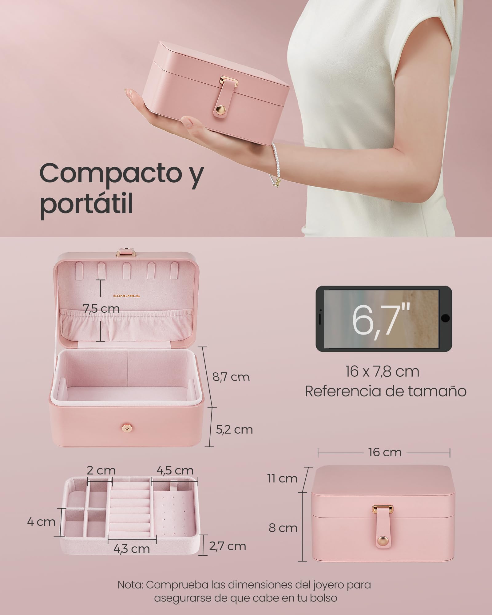 SONGMICS GISELLA Caja Joyero Viaje Pequeña 2 Niveles Portátil 11,6 x 16 x 7,5 cm Rosa Jalea