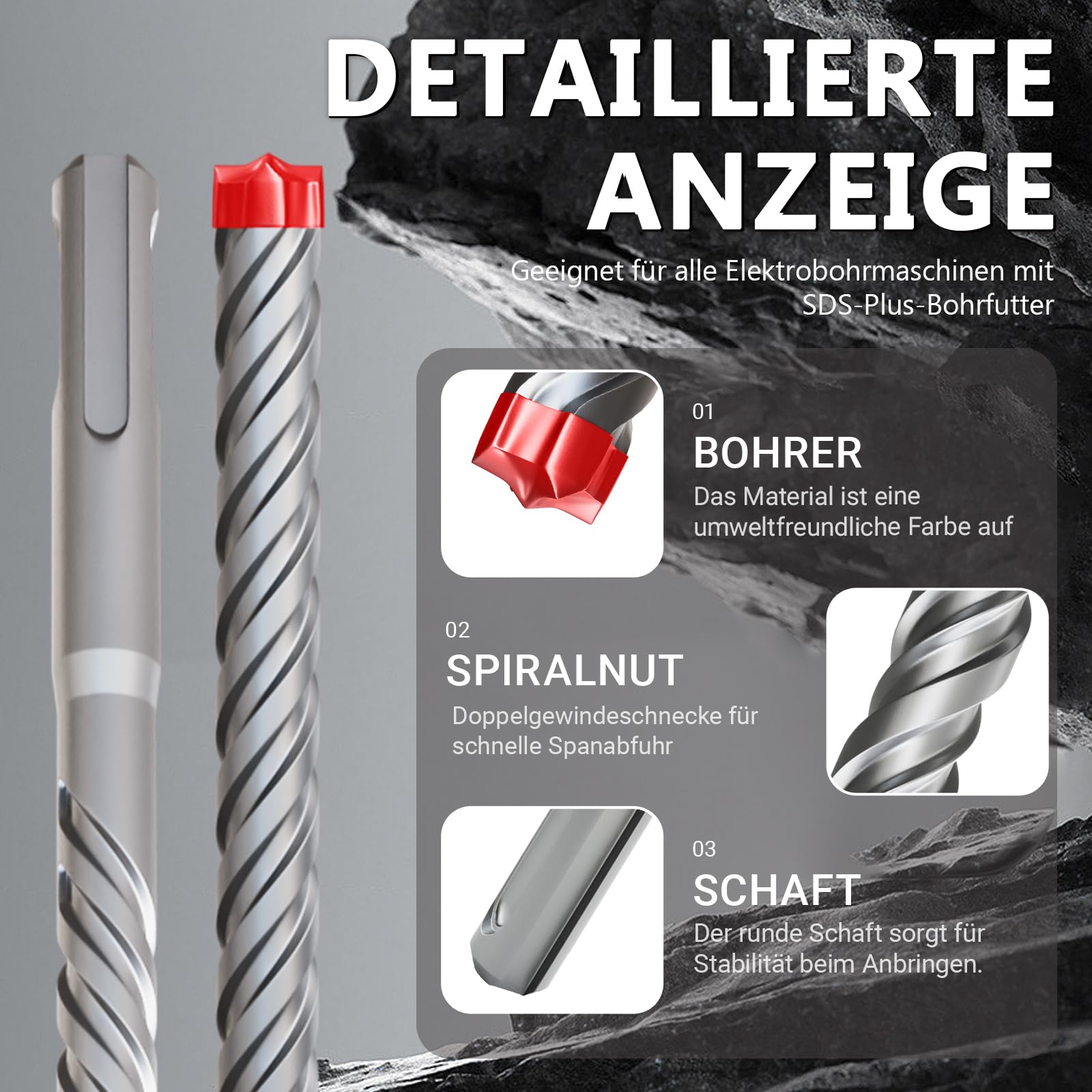 Punta professionale SDS plus 16 mm x 455 mm, punta ultra ad alte prestazioni per calcestruzzo armato e muratura. Tutta la testa del trapano è realizzata in lega di metallo per una durata estrema