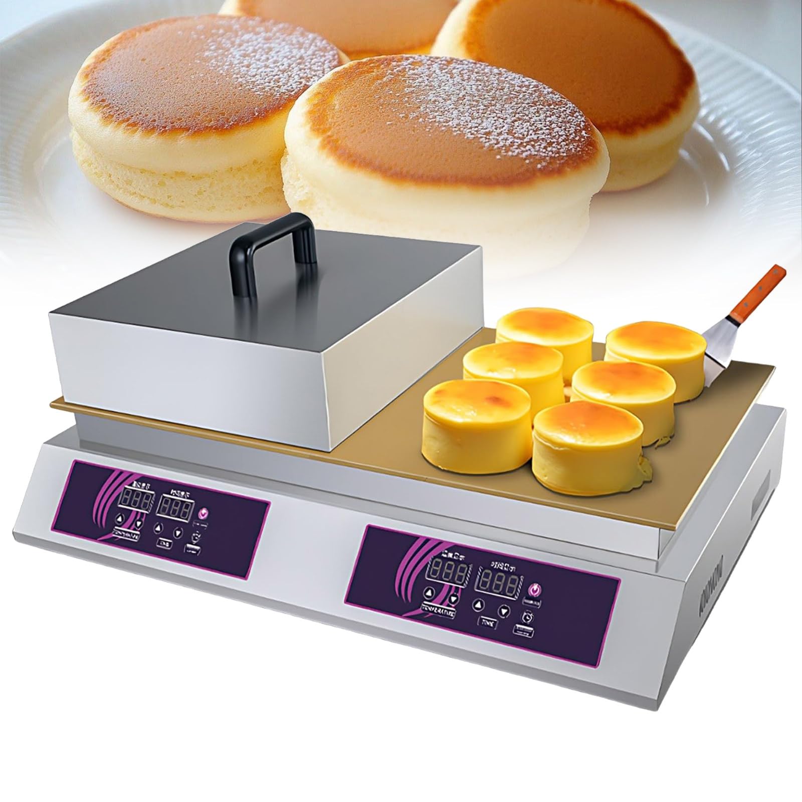 GSHSHOU Pancake Maker, Non-Stick Souffle Machine and Waffle Maker Commercial Stainless Steel Dual Station Muffin Machine Time and Temperature Adjustable Doublehead