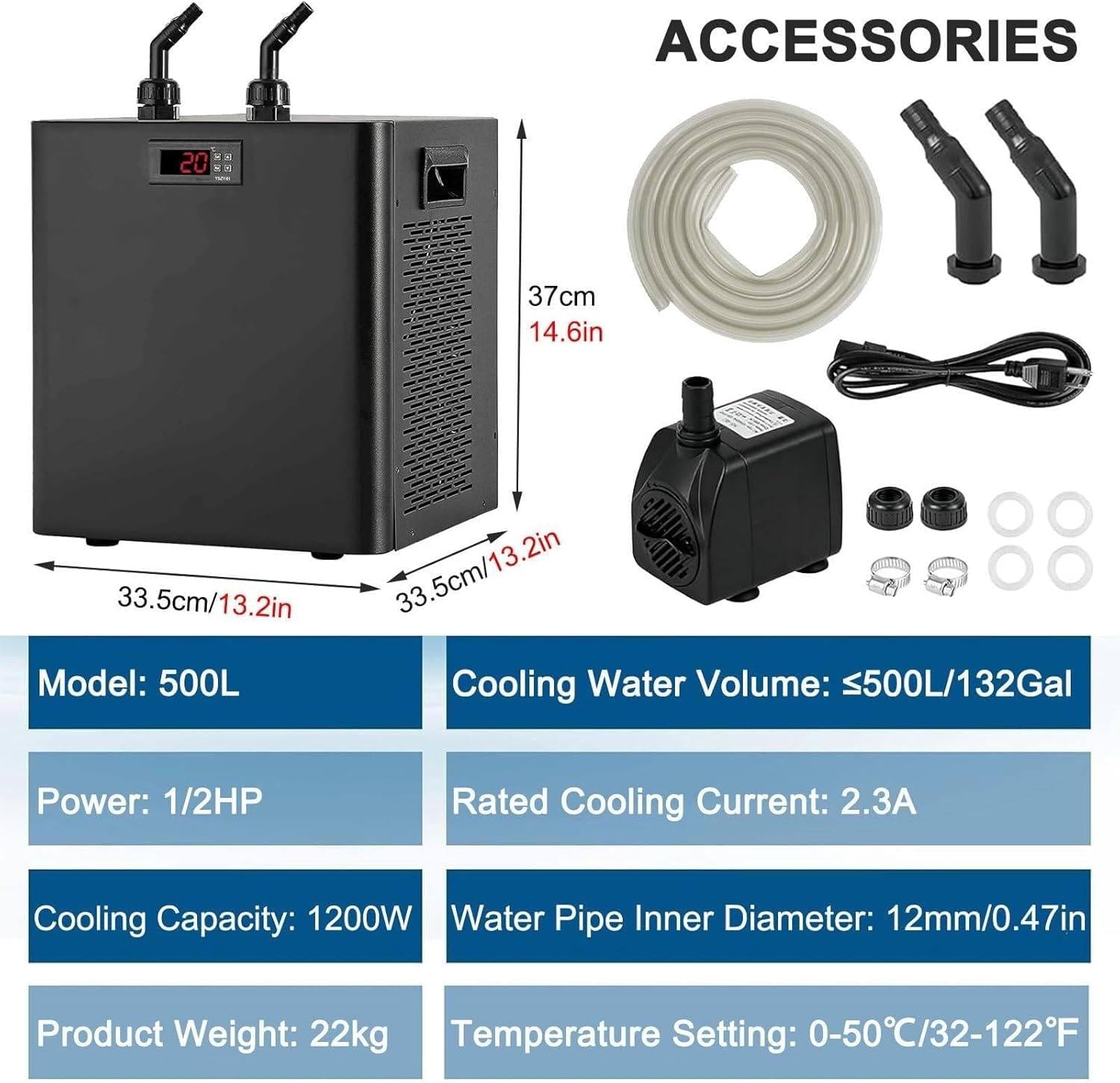 Refroidisseur d'aquarium 1/10 HP à 1 HP, refroidisseur d'eau aquatique actif pour hydroponie, aquarium, eau douce et eau salée, idéal pour les systèmes de 160 L à 1000 L