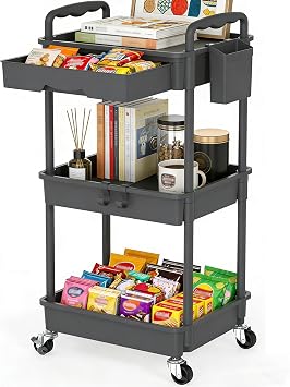 SUNALLY Rolling Cart with Drawers, 3-Tier Utility Cart Storage Organizer with Lockable Wheels, Storage Cart for Kitchen, Bathroom, School, Studio, Office, Bedroom, Jet