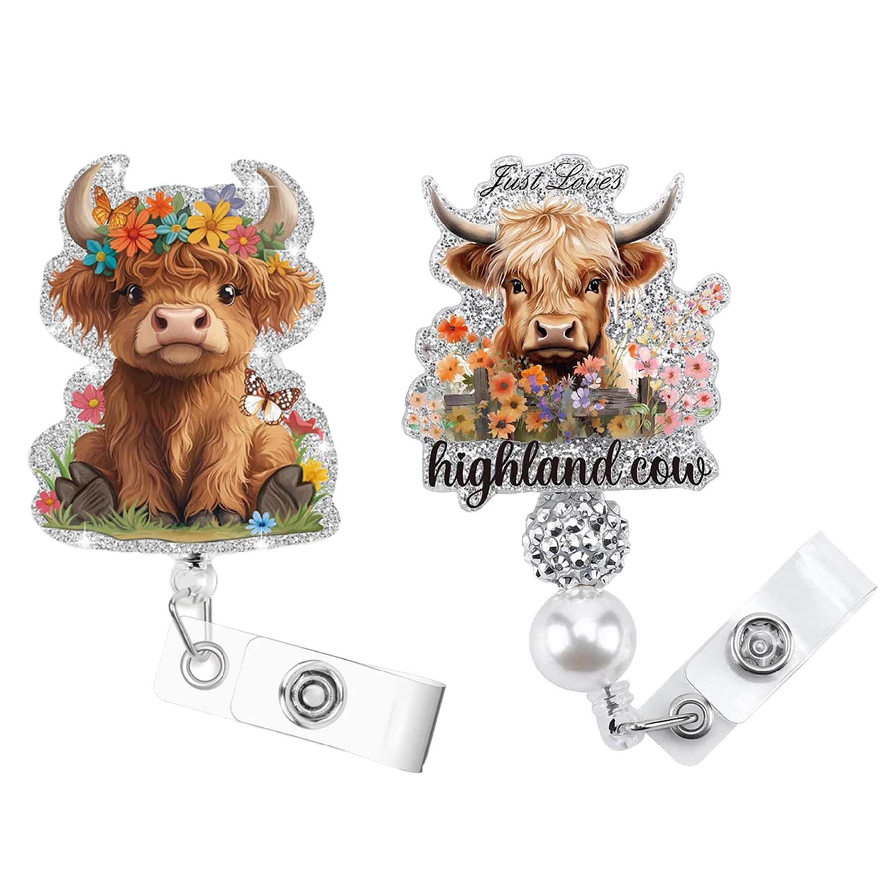 Wasise Western Cow Badge Reel, 2Pcs Highland Cow Garland Glitter Design Badge Reel, Nurse and Medical Assistant Accessories