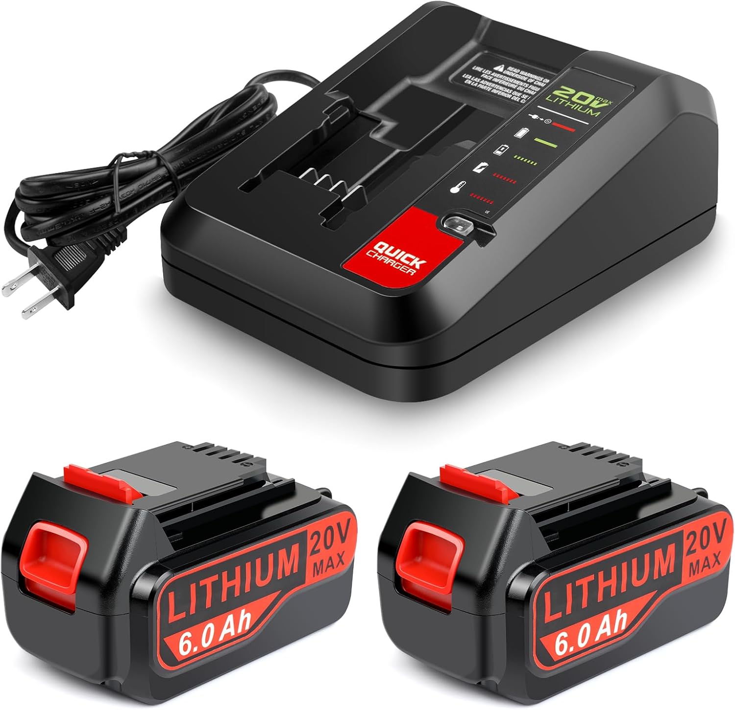 Labtec 2-Pack 6.0Ah 20V Lithium Battery LBX4020 Compatible with Black and Decker and 20V Battery Charger
