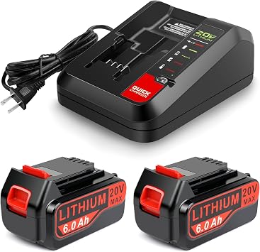 Labtec 2-Pack 6.0Ah 20V Lithium Battery LBX4020 Compatible with Black and Decker and 20V Battery Charger