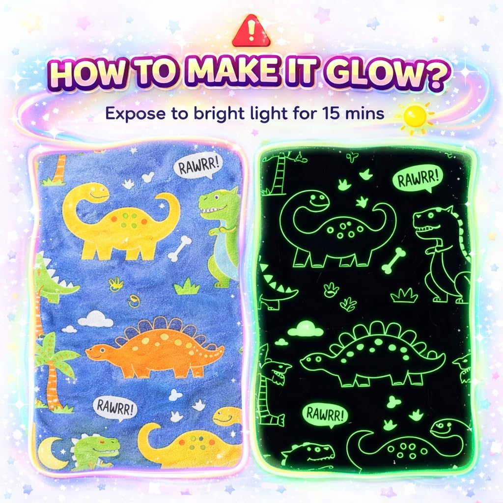 DOCAT Glow Blanket for Kids 0-15 Years, 200×152 cm Double Bed Blanket for Girls Boys, Soft Cozy Flannel Fleece Throw Blankets for Winter, Radium Blanket Ideal Gift for Boys & Girls (Dino World)