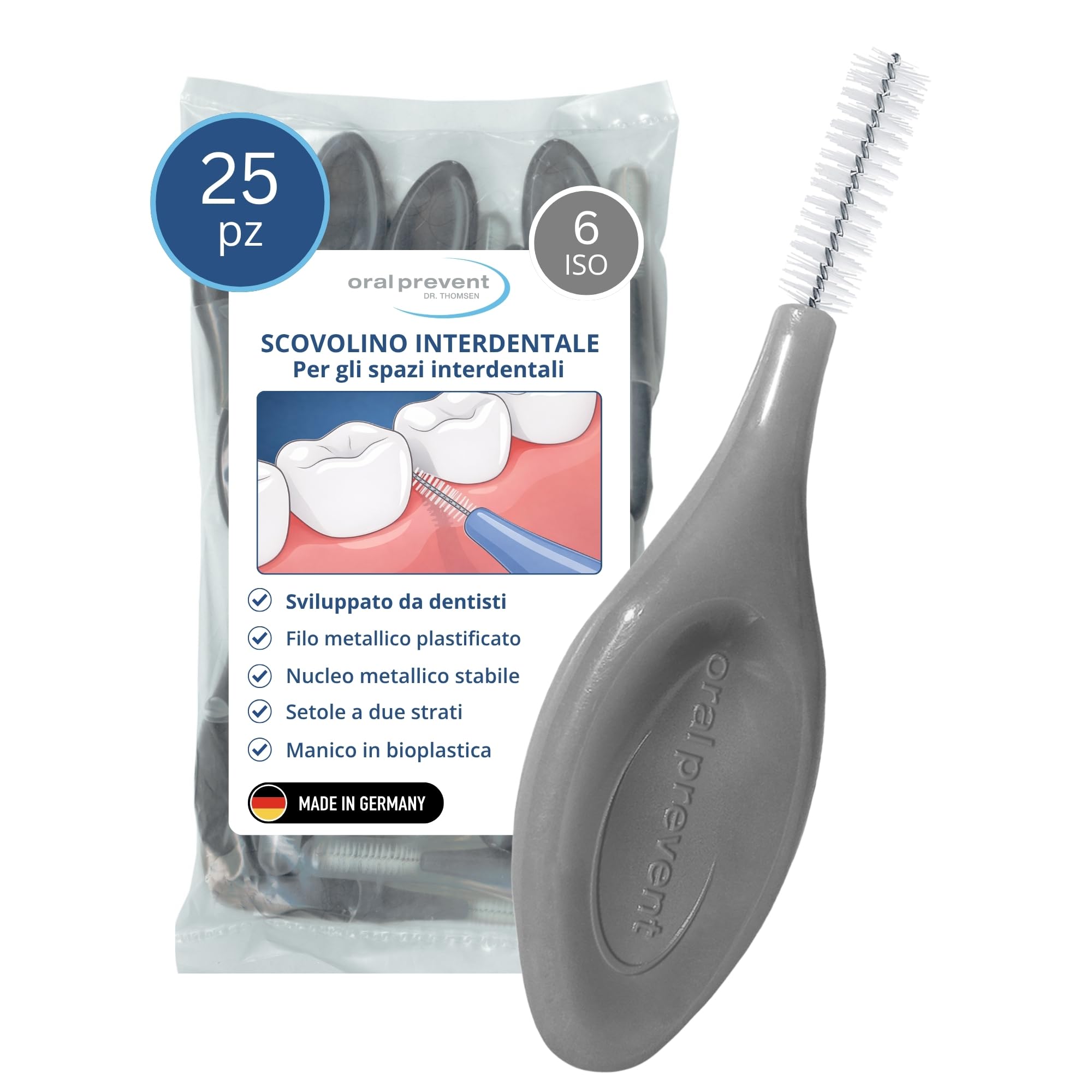 25 pezzi: spazzole interdentali Smart Grip in plastica a base di biobica – Dimensioni ISO: 6 (grigio), filo: 1,10 mm Ø