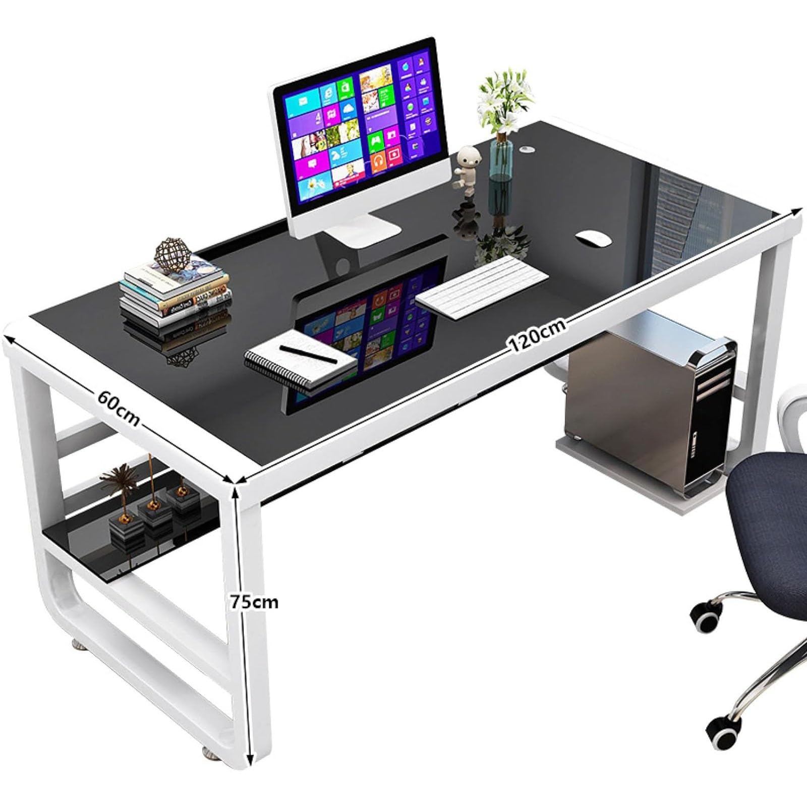 Scrivania per computer in vetro temperato, robusta struttura in acciaio al carbonio, superficie resistente per casa, ufficio, studio e gioco