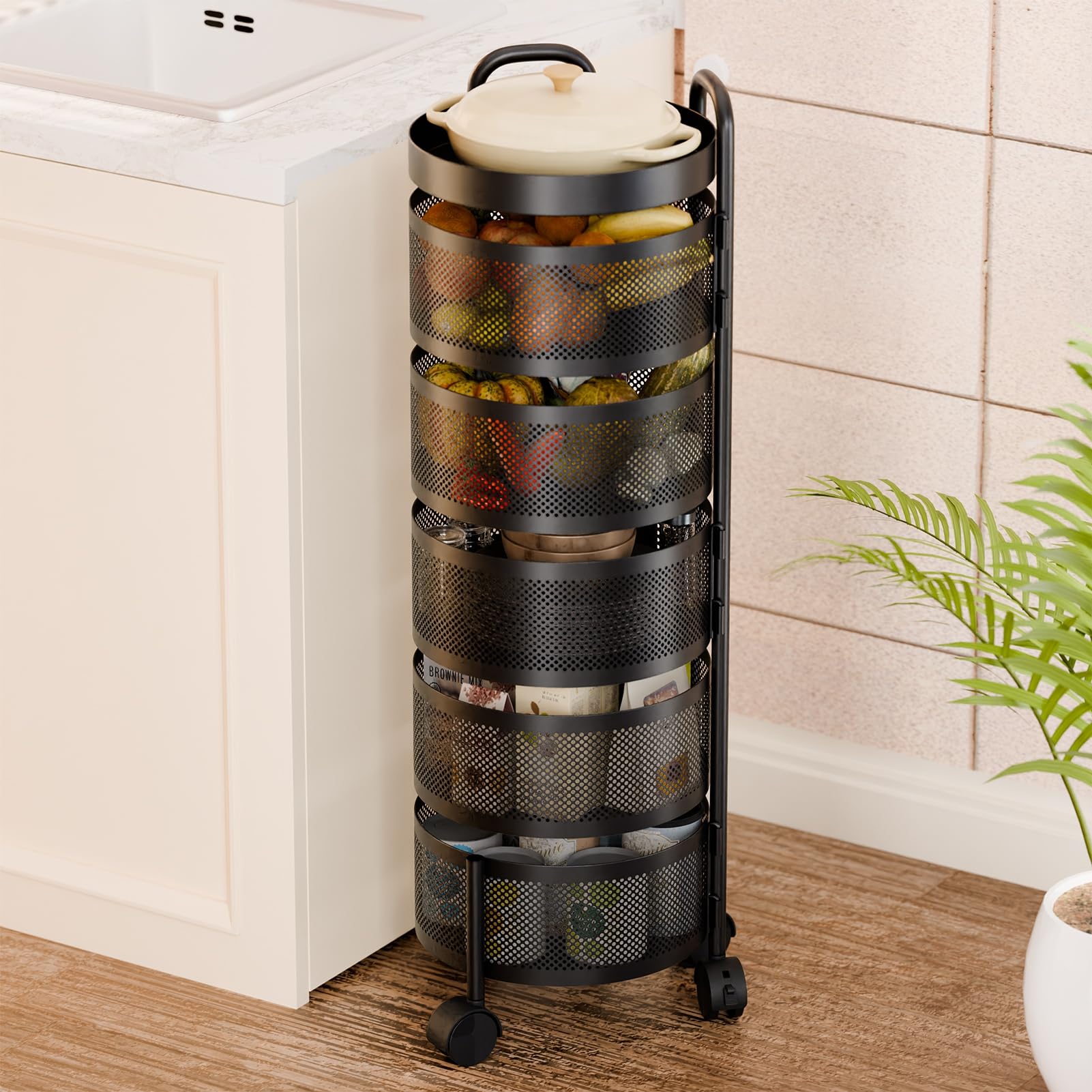 Panier de cuisine rond à 5 étages - Étagère de rangement rotative et mobile en métal pour légumes, fruits et collations - Couleur noire