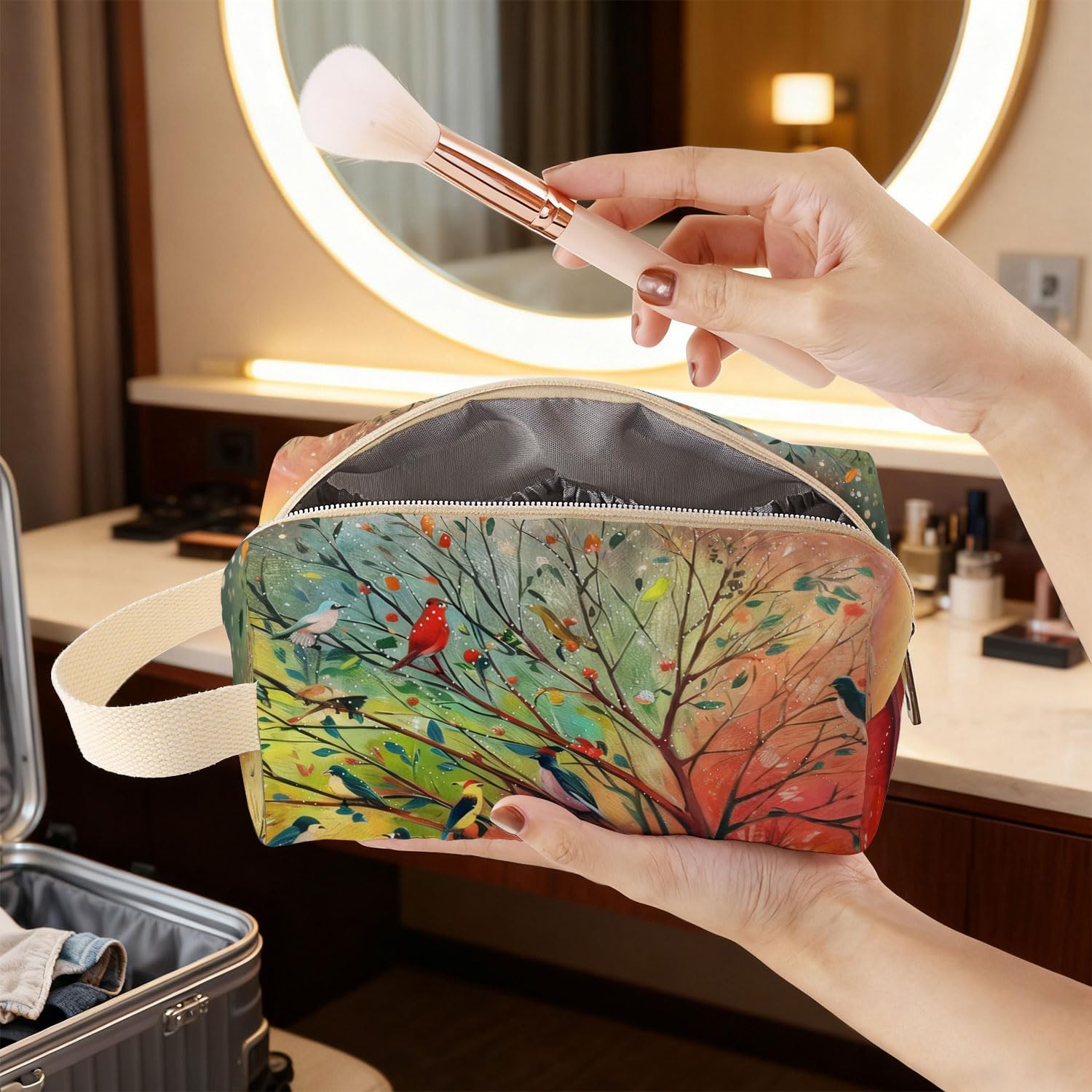 Colorful Birds Printed Quilted Makeup Bag for Women - Velvety Polyester Cosmetic Organizer w/Triple Compartments, Travel & Makeup Brush Holder - Image 3
