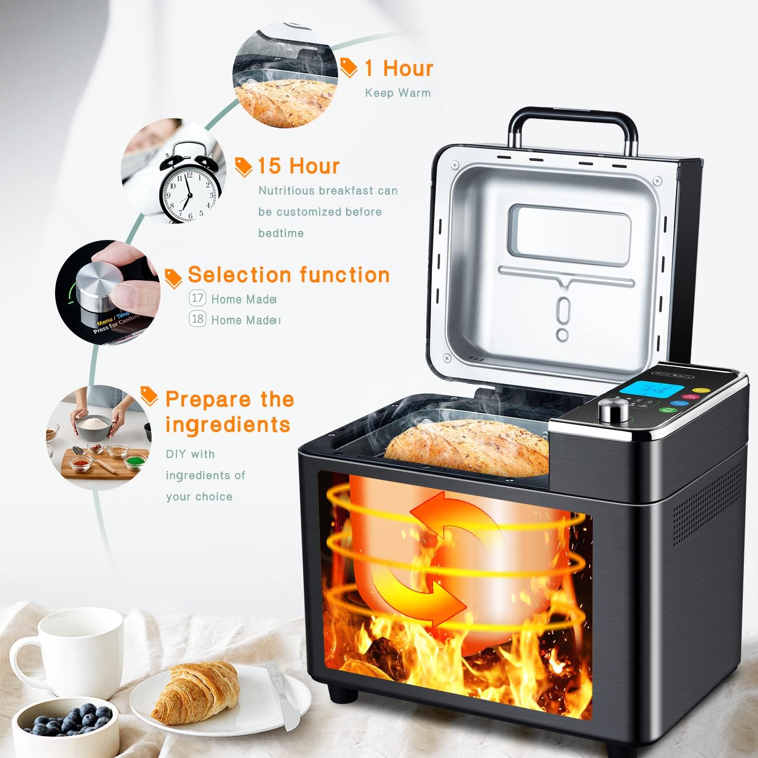 Image illustrating the 15-hour delay function and 1-hour keep warm function, showing ingredients being prepared and the bread machine baking.