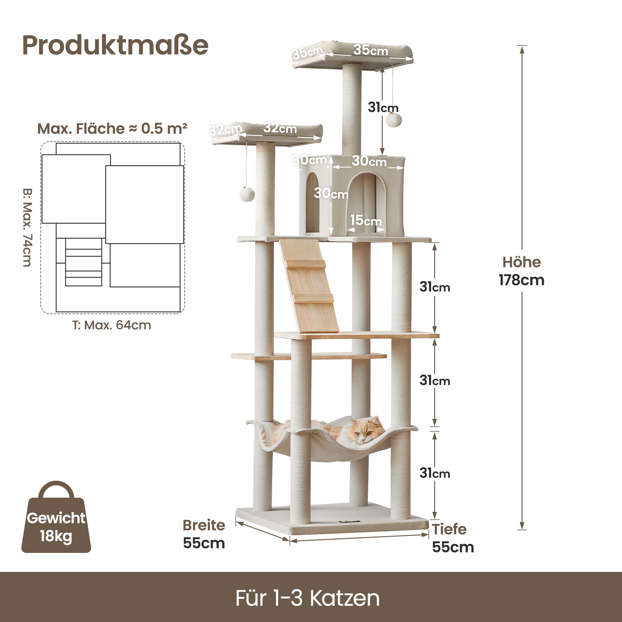 Moderner Kratzbaum, 178 cm Großer Katzenturm aus Holz für Wohnungskatzen, Mehrstöckiges Hochhaus-Katzenhaus mit Kratzpfosten, Gepolsterten Liegeflächen, Hängematte, Spielzeug zum Jagen, Beige
