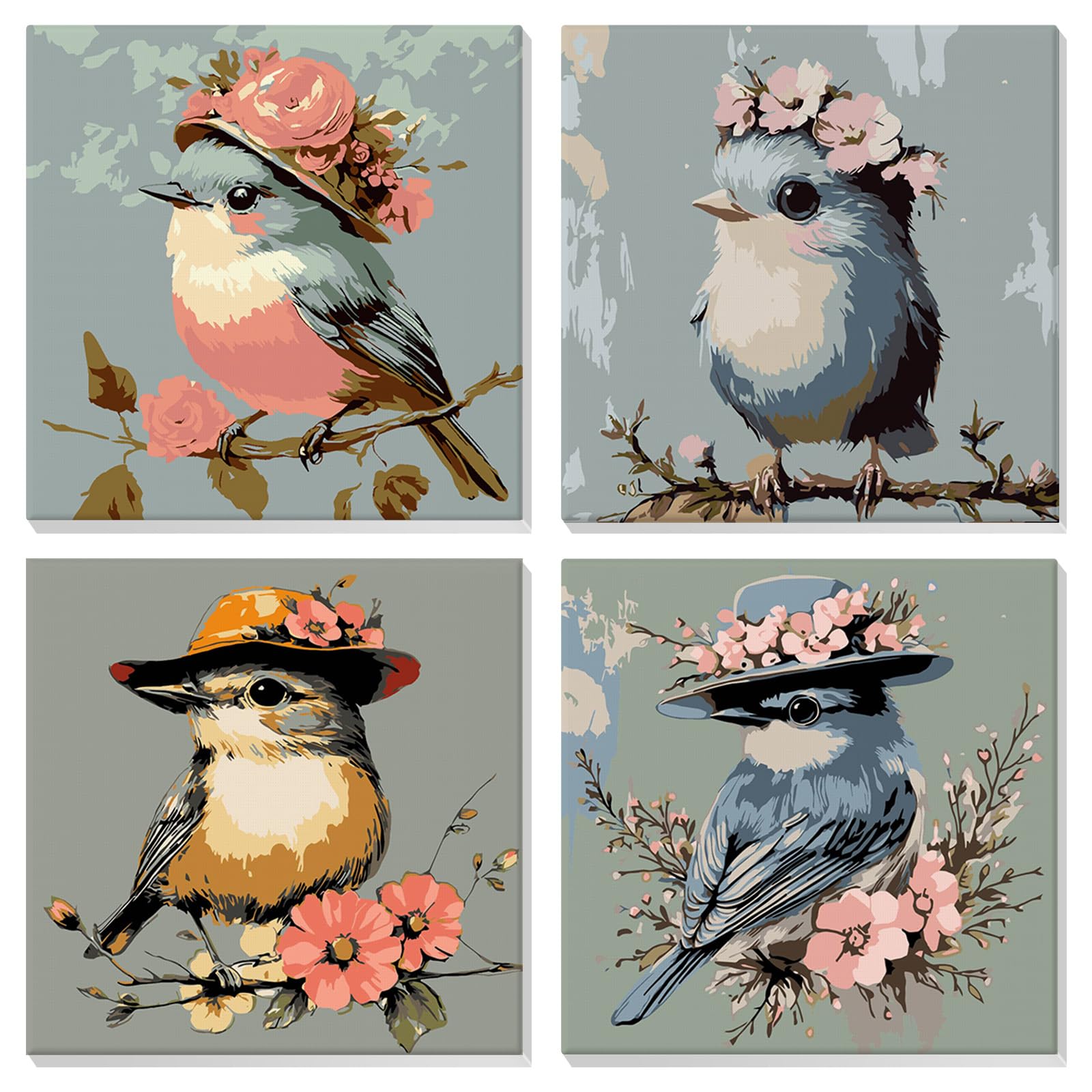 EOBROMD 4 Pack Bird with a Hat Paint by Numbers for Adults Beginner with Frame, Animals Paint by Numbers Kits, Flowers Acrylic Easy Painting by Numbers for Gift Home Wall Decor 8x8in