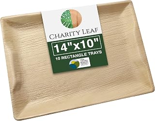 Charity Leaf 14x10" Disposable Palm Leaf Trays (10 Pack) - Eco-Friendly Bamboo-Like Platters for Weddings, Catering, Events