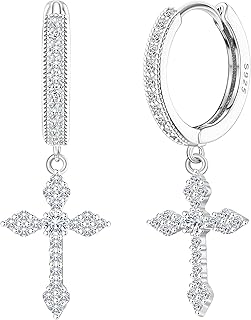 925 Sterling Silver Cross Earrings for Women Men Dainty CZ Huggie Hoop Earrings Iced Out Cross Dangle Earrings Lightweight Huggie Cuff Earrings 18K Gold/Silver