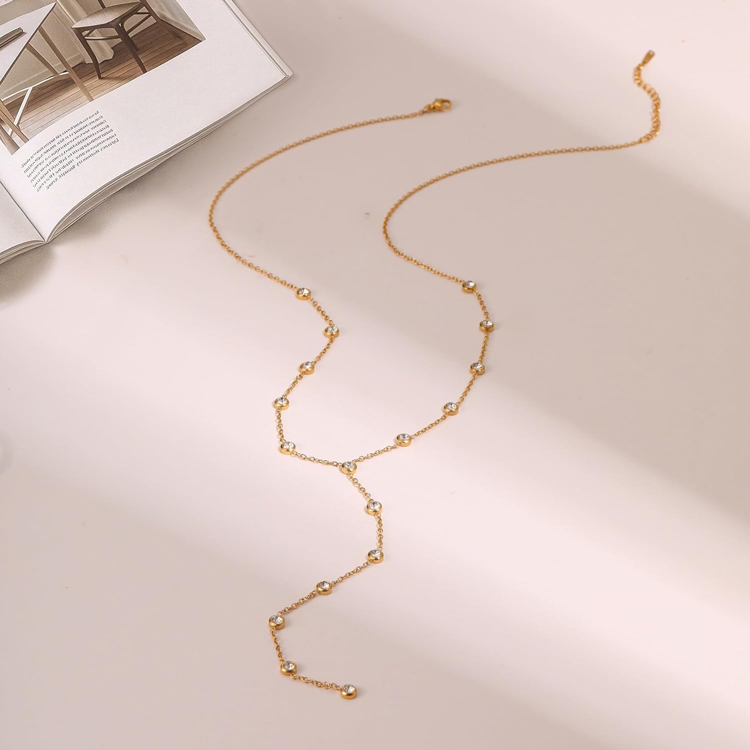 Dainty Gold Long Lariat Necklace Dainty Cubic Zirconia Y Chain Necklace for Women Jewelry