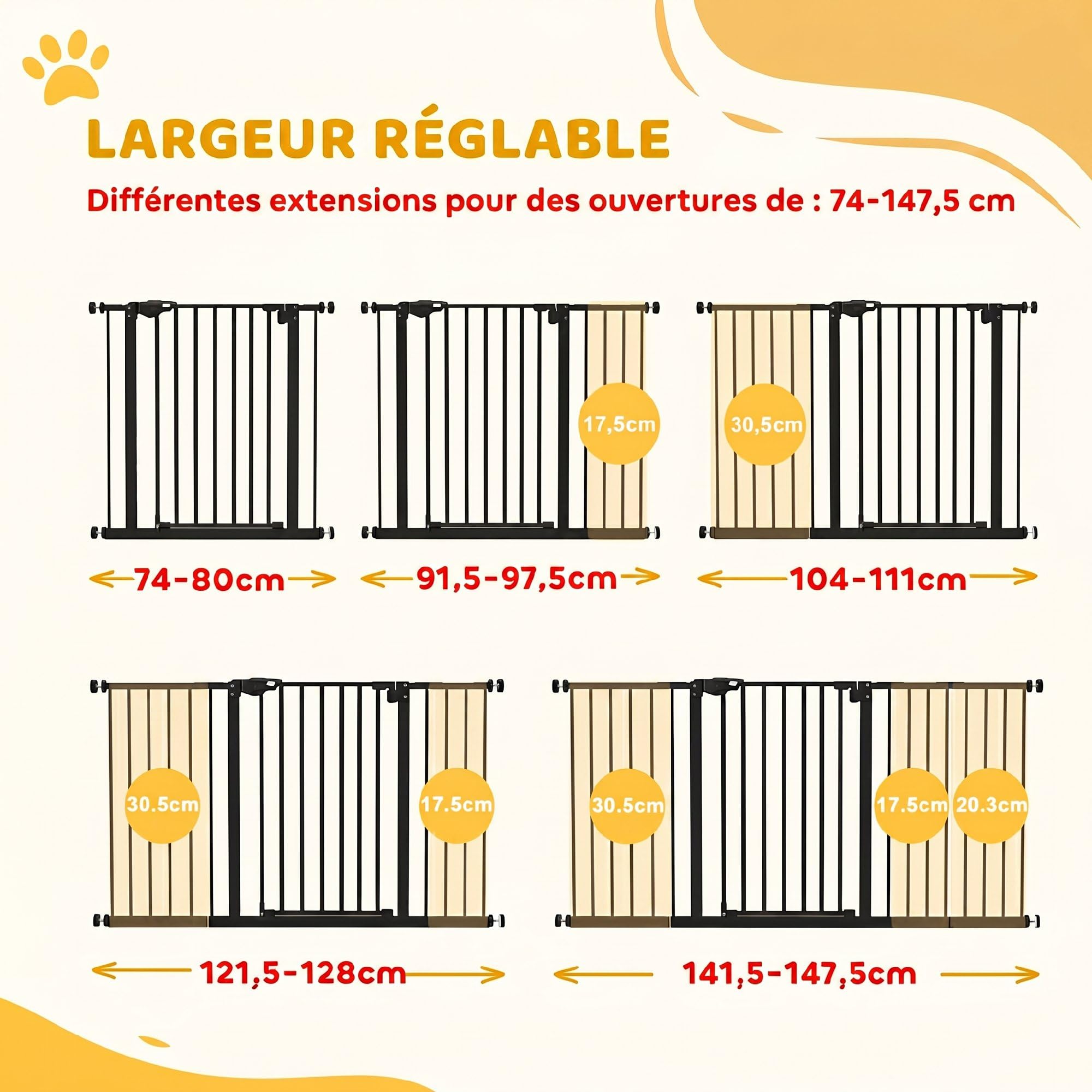 PawHut Barrière de sécurité Animaux 74-148 x 76,2 cm avec Porte Fermeture Automatique système de Double Verrouillage sans perçage avec 3 Extensions Noir