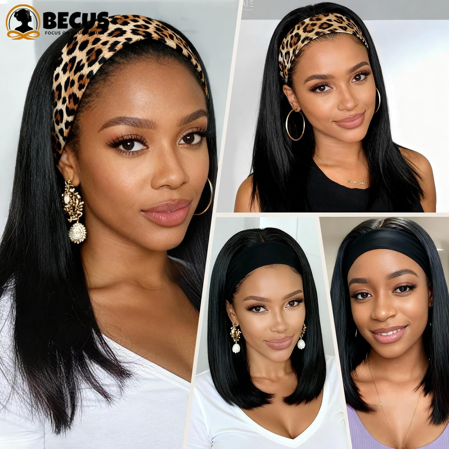 BECUS 14'' Straight Headband Wig for Black Women, Black Glueless Half Wig No Lace Front, Easy Wear Synthetic Wig for Daily Wear and Party